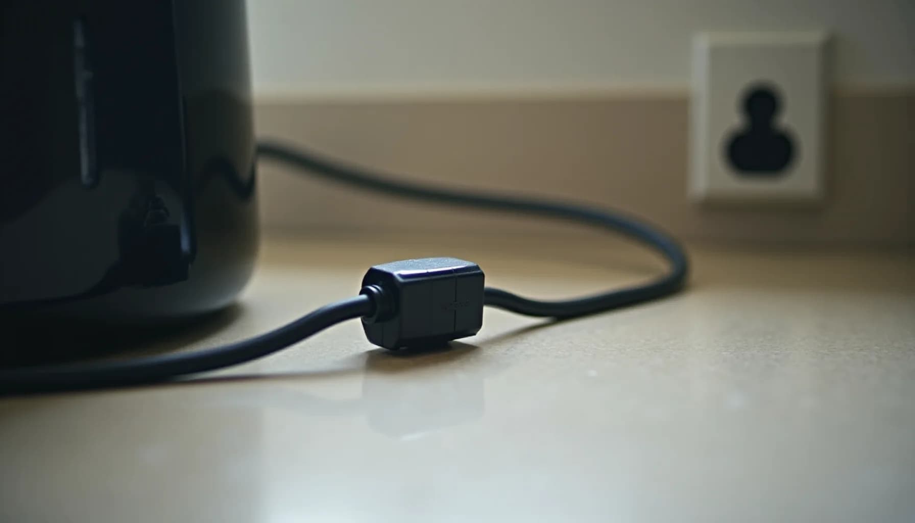Black electrical power cord with connector coiled on a light surface, with electrical outlet visible in background