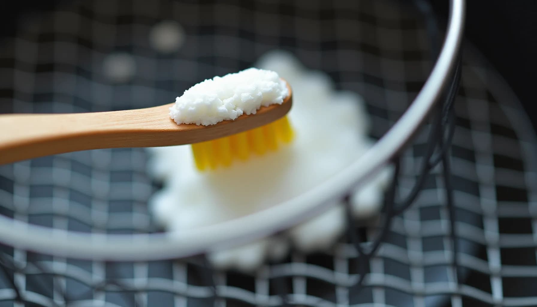 Wooden toothbrush with white toothpaste on bristles held above a second toothbrush on textured surface