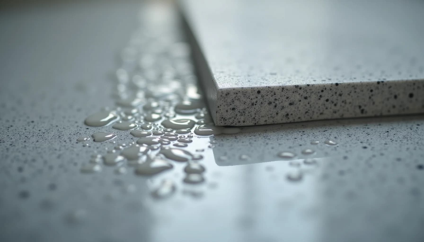 Water droplets beading on a gray speckled concrete surface next to the edge of a concrete block