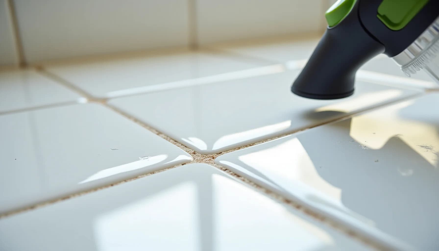 white floor tiles with tan grout lines and a handheld applicator with green and black handle applying sealant
