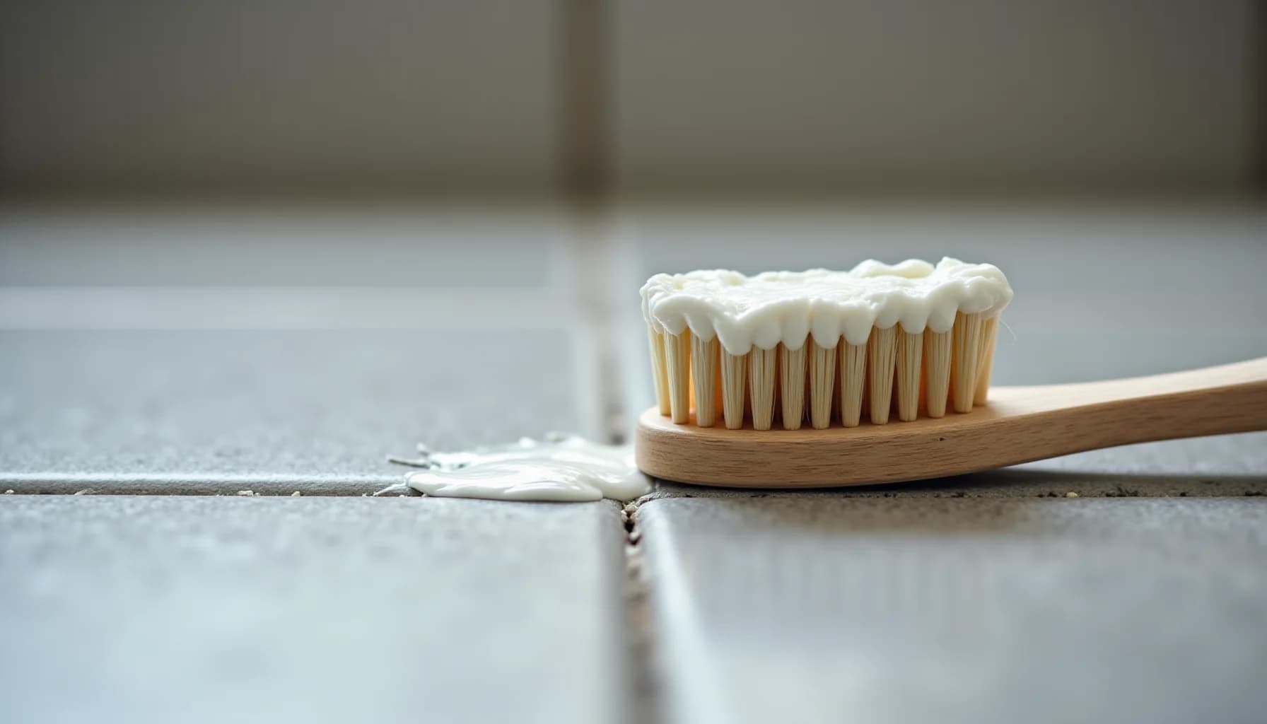 Wooden toothbrush with white toothpaste on bristles resting on gray tile with grout lines