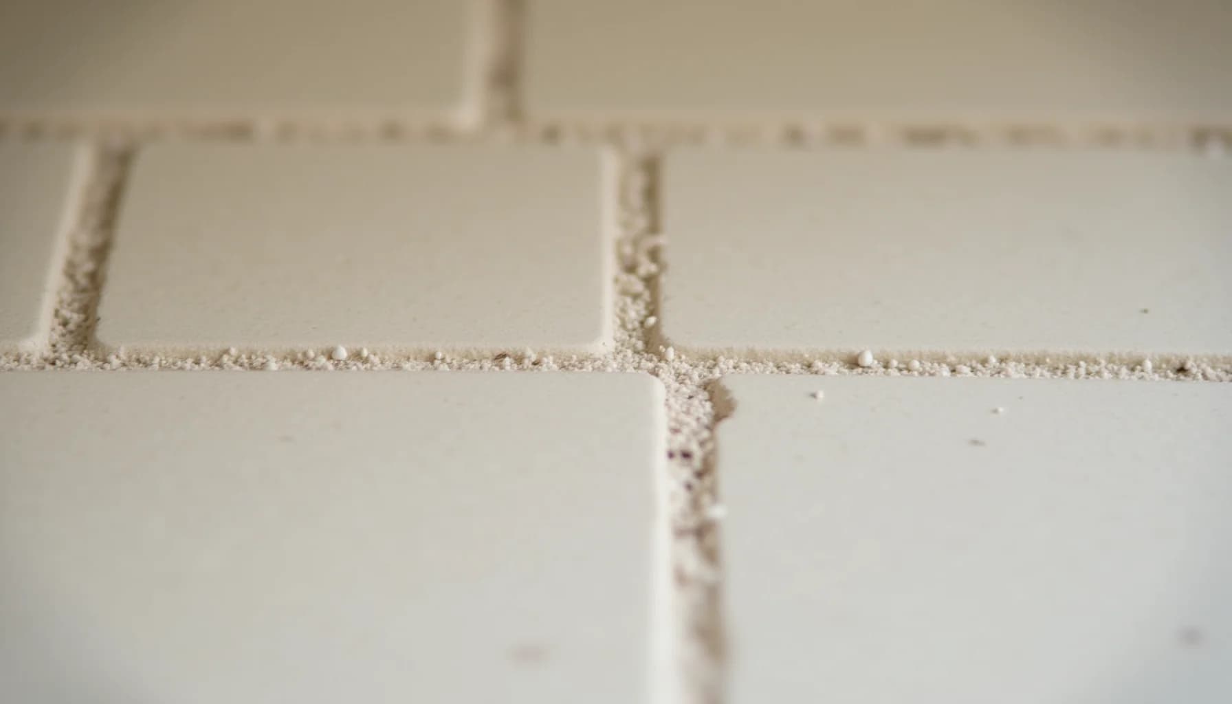 white tile grout lines with granular texture between light-colored tiles