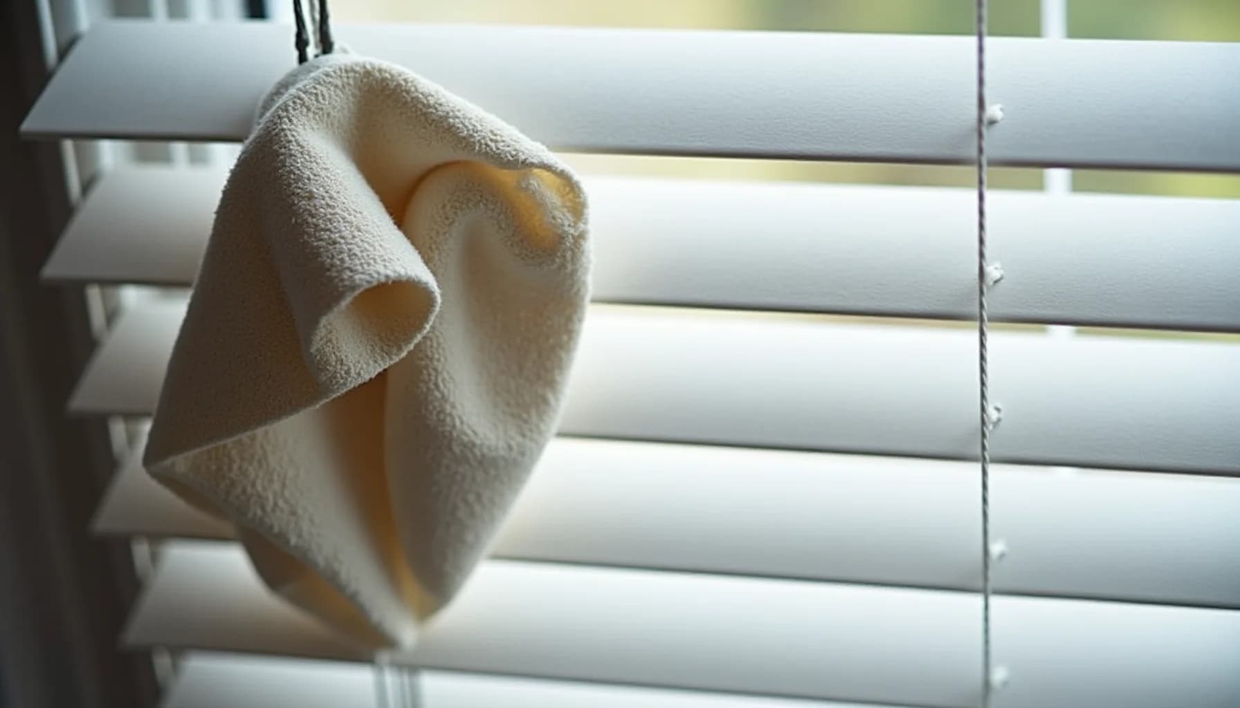 Beige cloth wrapped around horizontal white blinds, wiping dust from the slats in natural window light