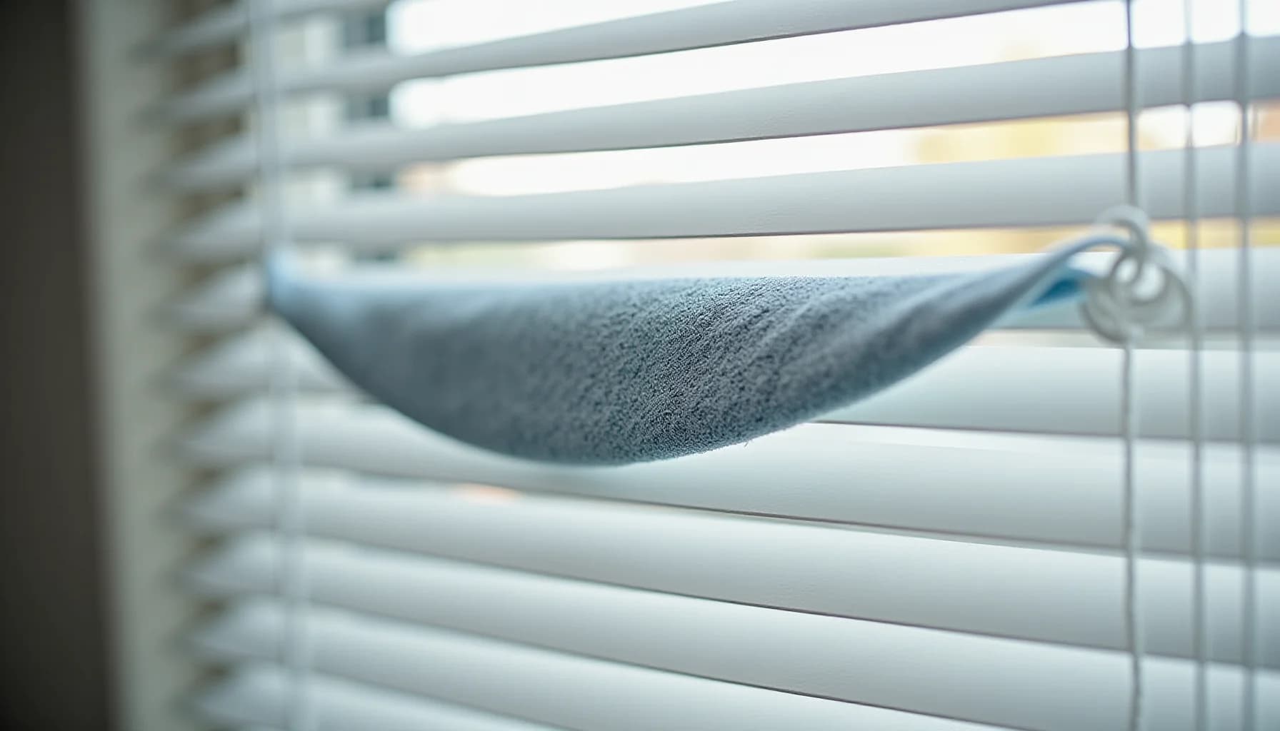 A bare hand with microfiber cloth cleaning horizontal white venetian blinds slats near a window