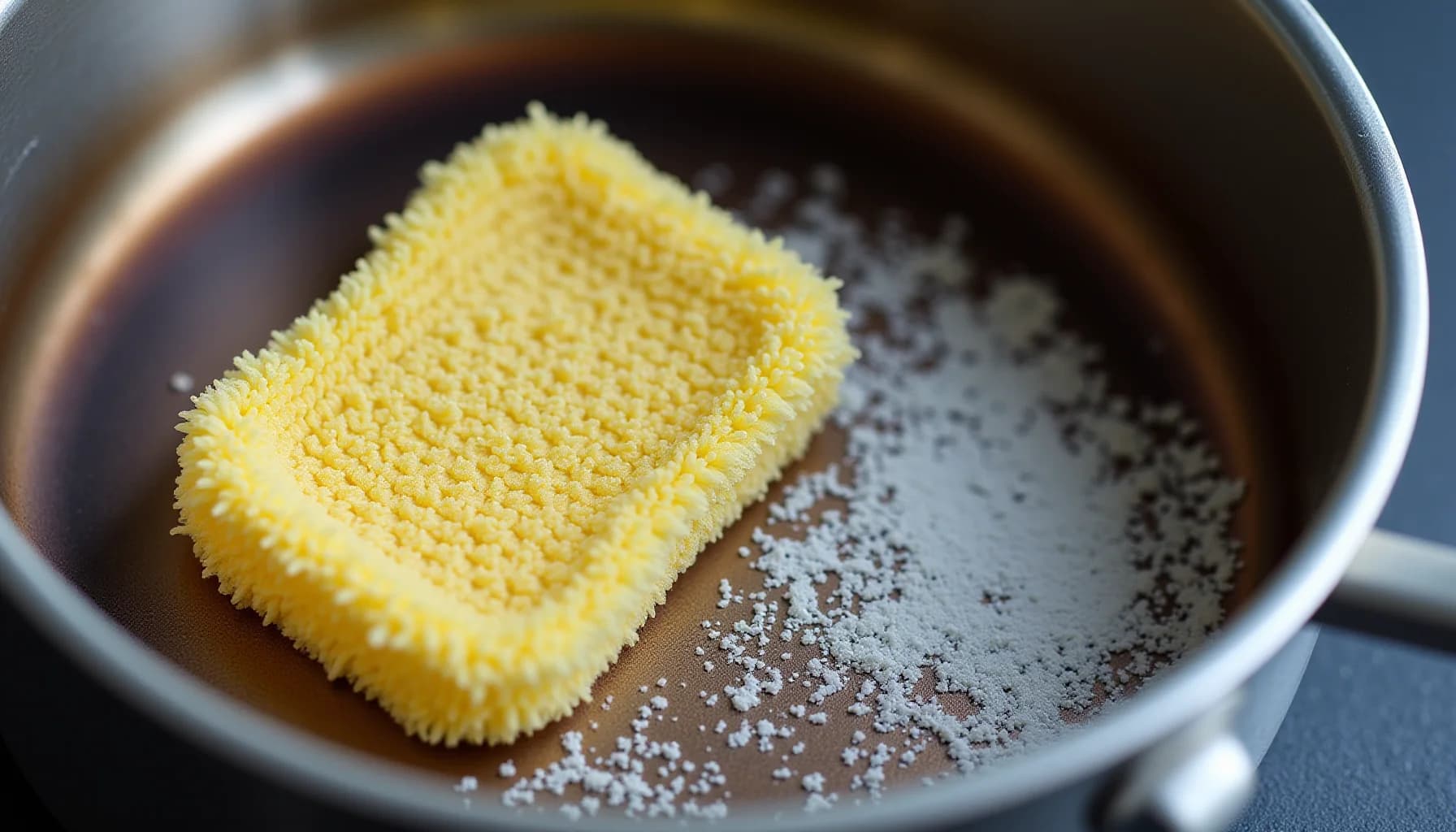 Yellow textured sponge and white cleaning powder inside a stainless steel pot with dark liquid residue