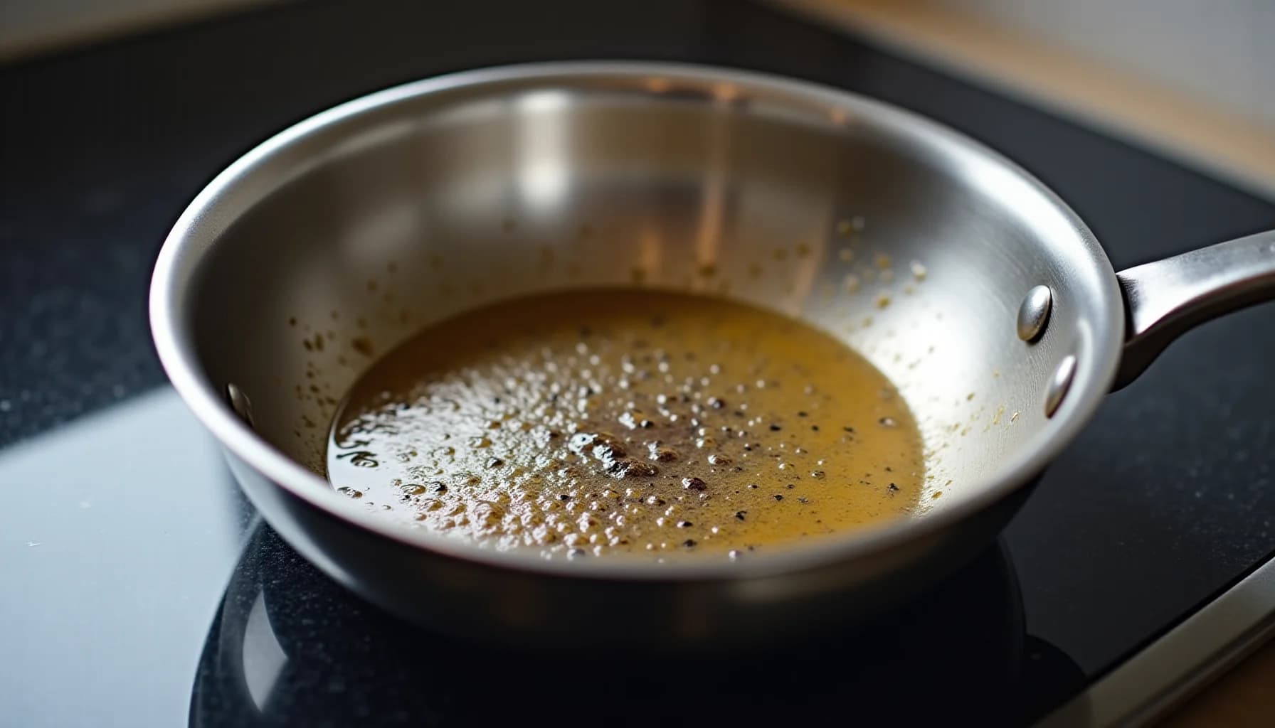 Stainless steel pan on a dark stovetop containing golden-brown liquid with bubbles and burnt residue on the bottom