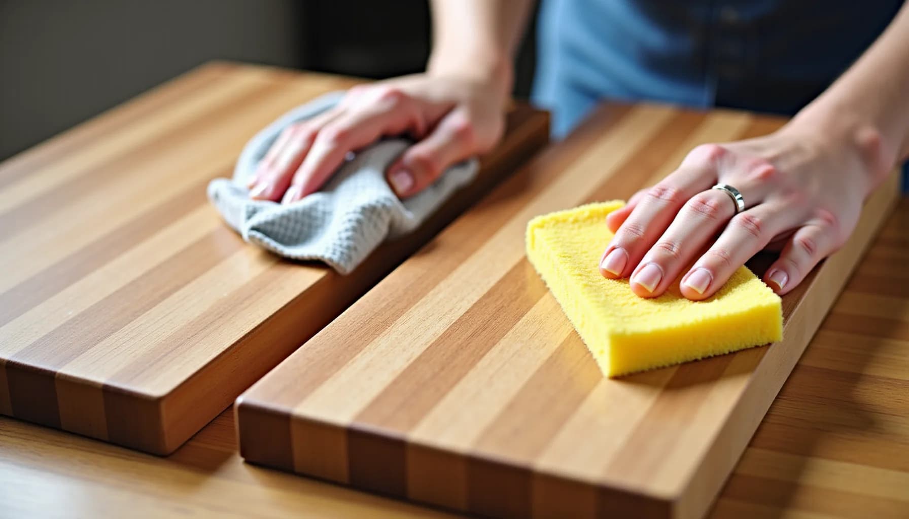 Two hands cleaning striped wooden countertops with a yellow sponge and white cloth