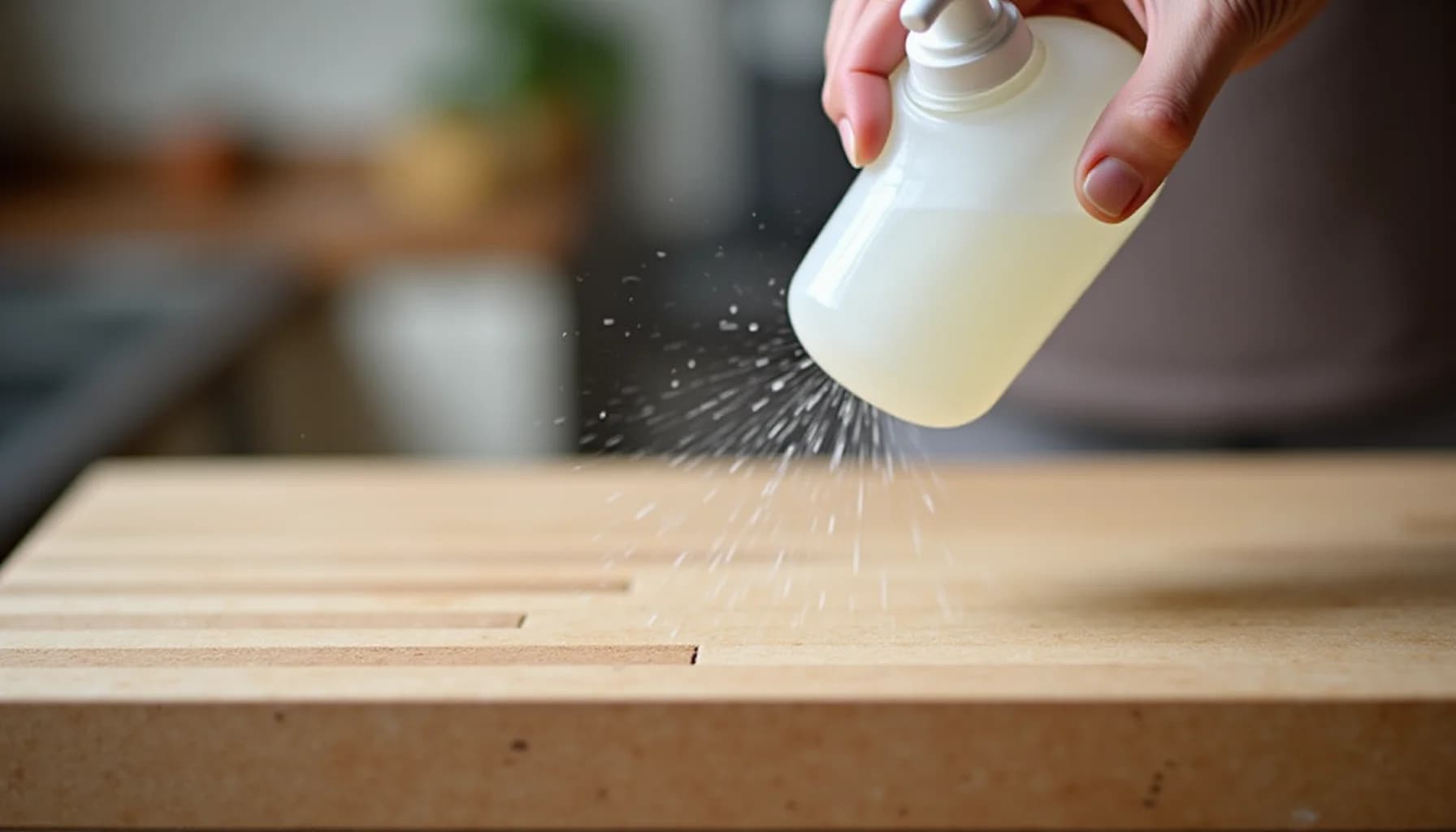 Hand holding a white spray bottle dispensing clear liquid onto a wooden butcher block surface in a kitchen setting