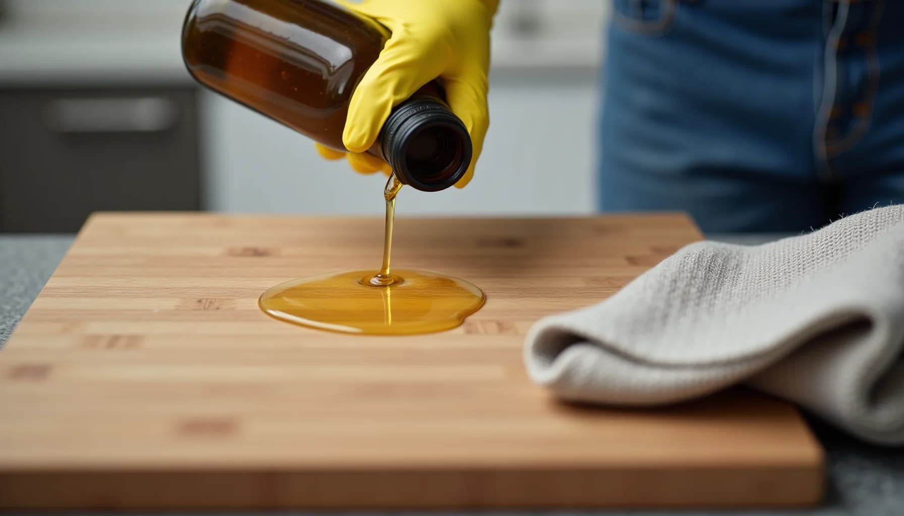 Hand in yellow glove pouring amber oil from brown bottle onto wooden countertop, with white cloth nearby
