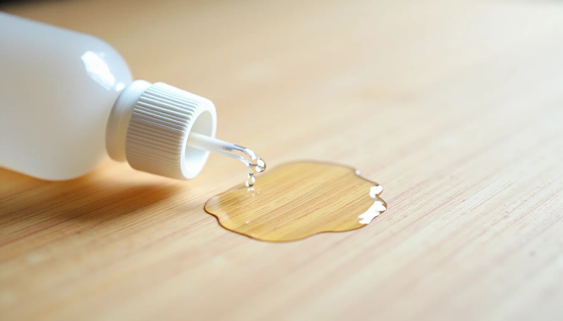 White bottle with dropper applicator dispensing amber-colored liquid onto light wood surface