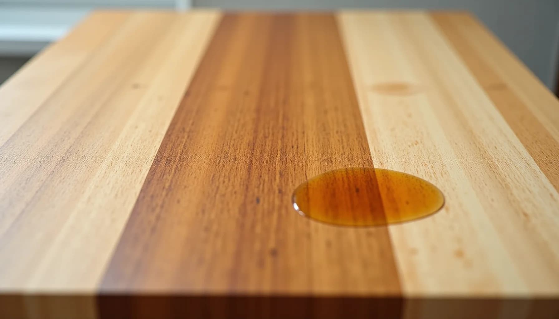Wooden butcher block countertop with alternating light and dark wood strips, with a amber liquid droplet on the surface