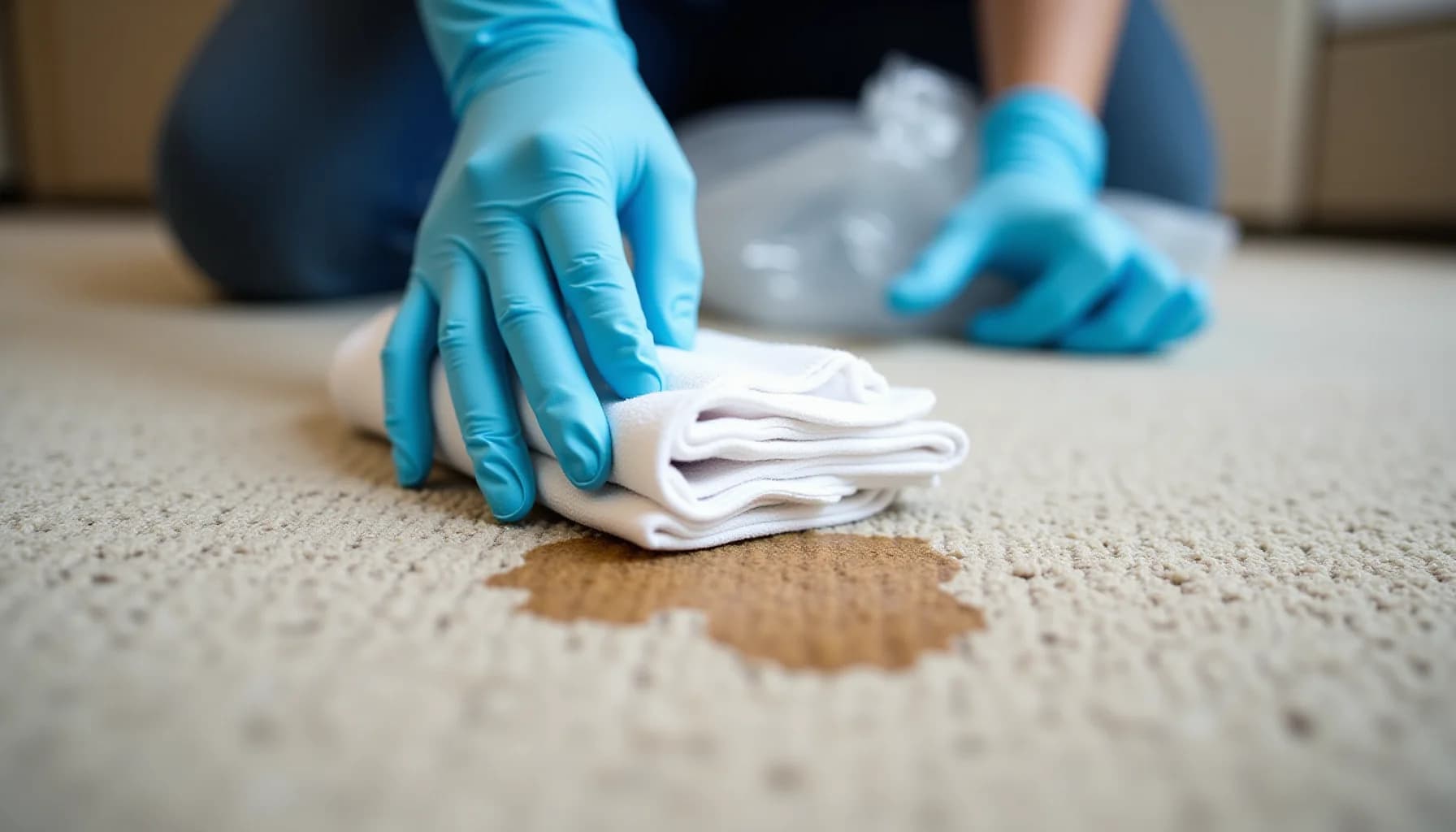 Person wearing blue latex gloves cleaning a brown stain on beige carpet with white cloth