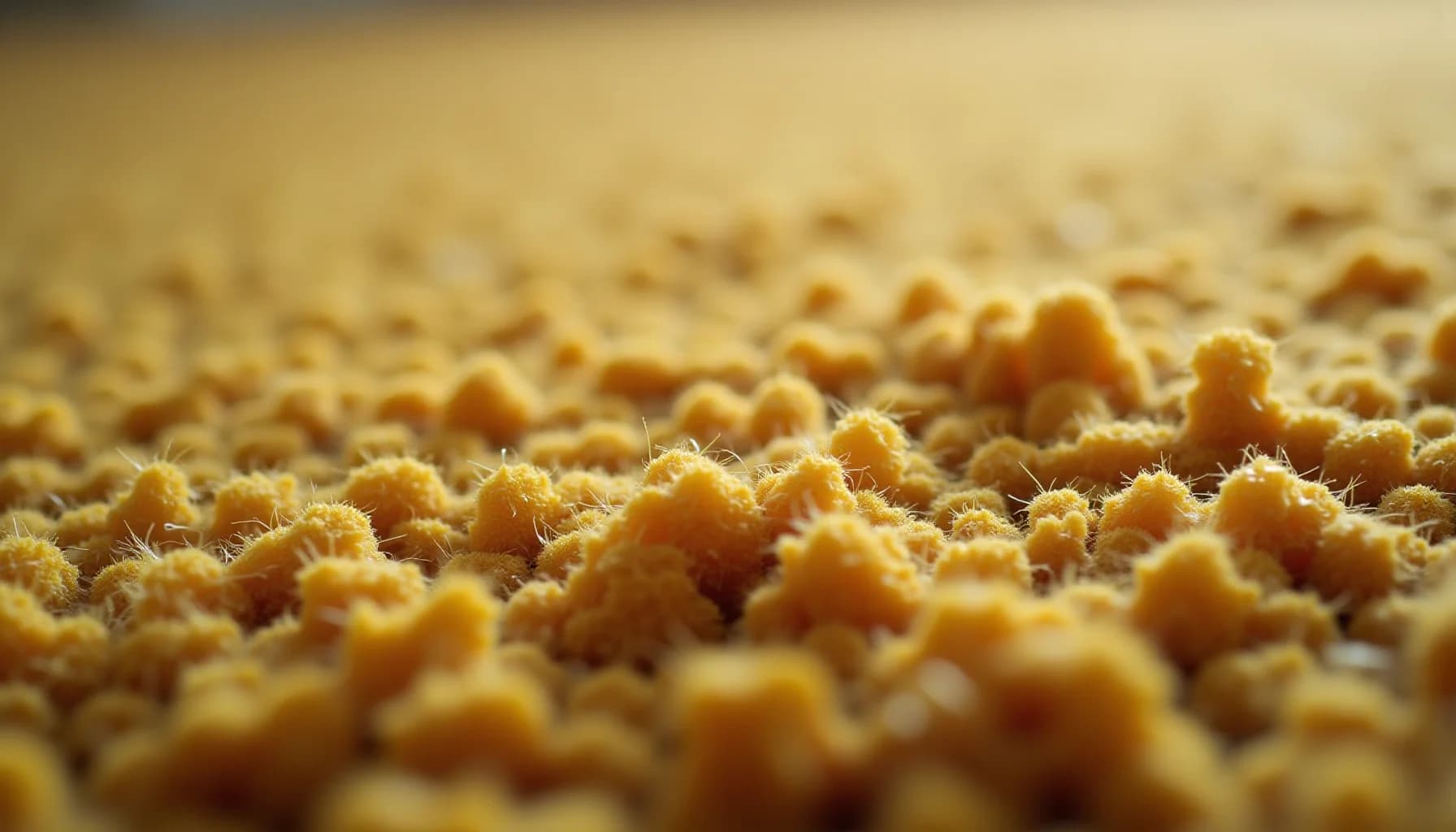 yellow and tan granular particles with fine bristles, in soft focus against a beige background