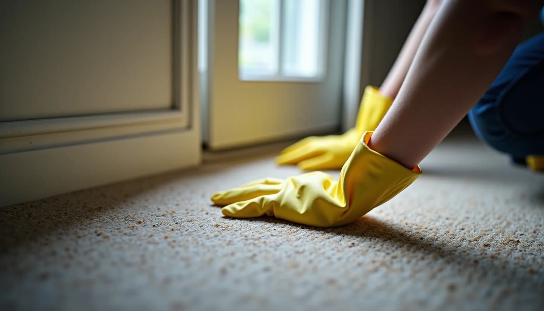 Person wearing yellow rubber gloves cleaning a carpet with their hand in a bright room with windows and doors visible