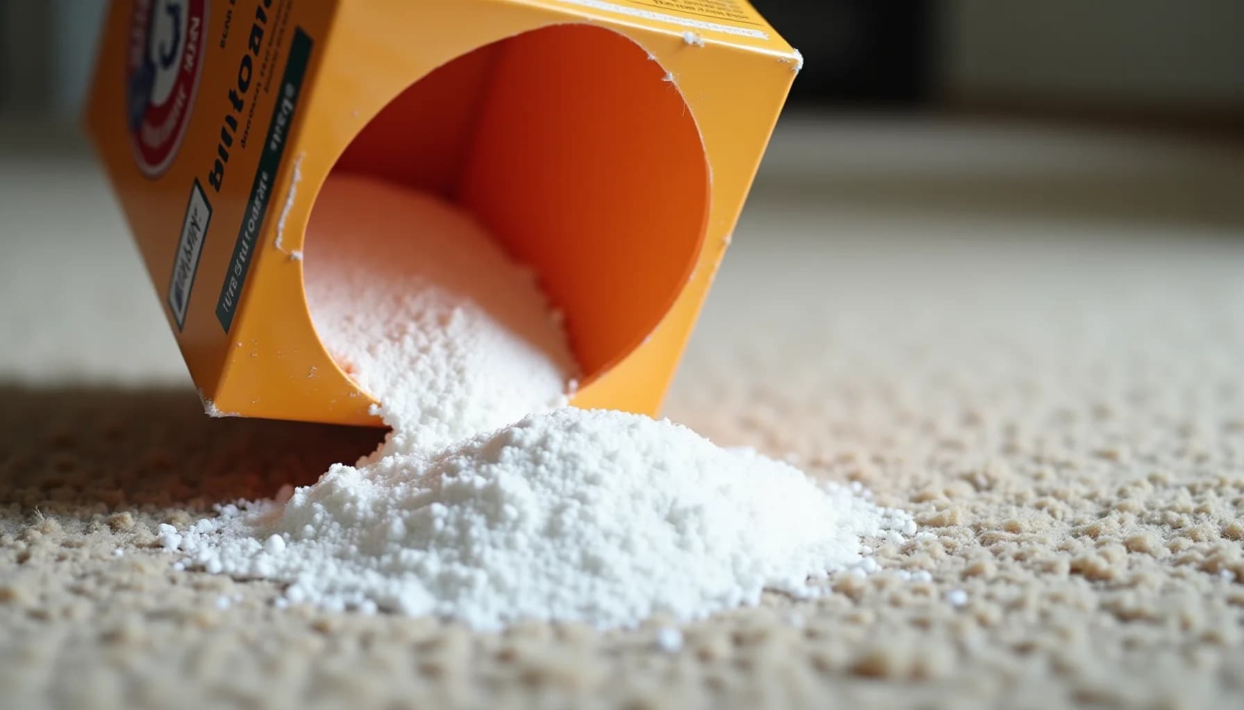 Yellow box with red interior tipped over on beige carpet, white powder spilling out onto fibers