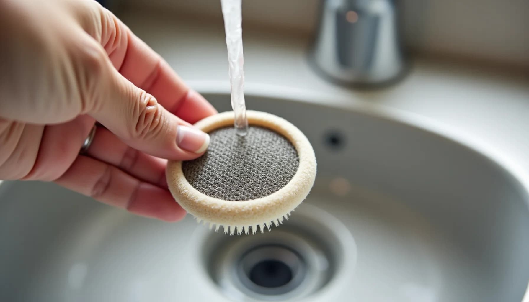 Hand holding a round lint trap with gray mesh and white rim under running water over a sink drain
