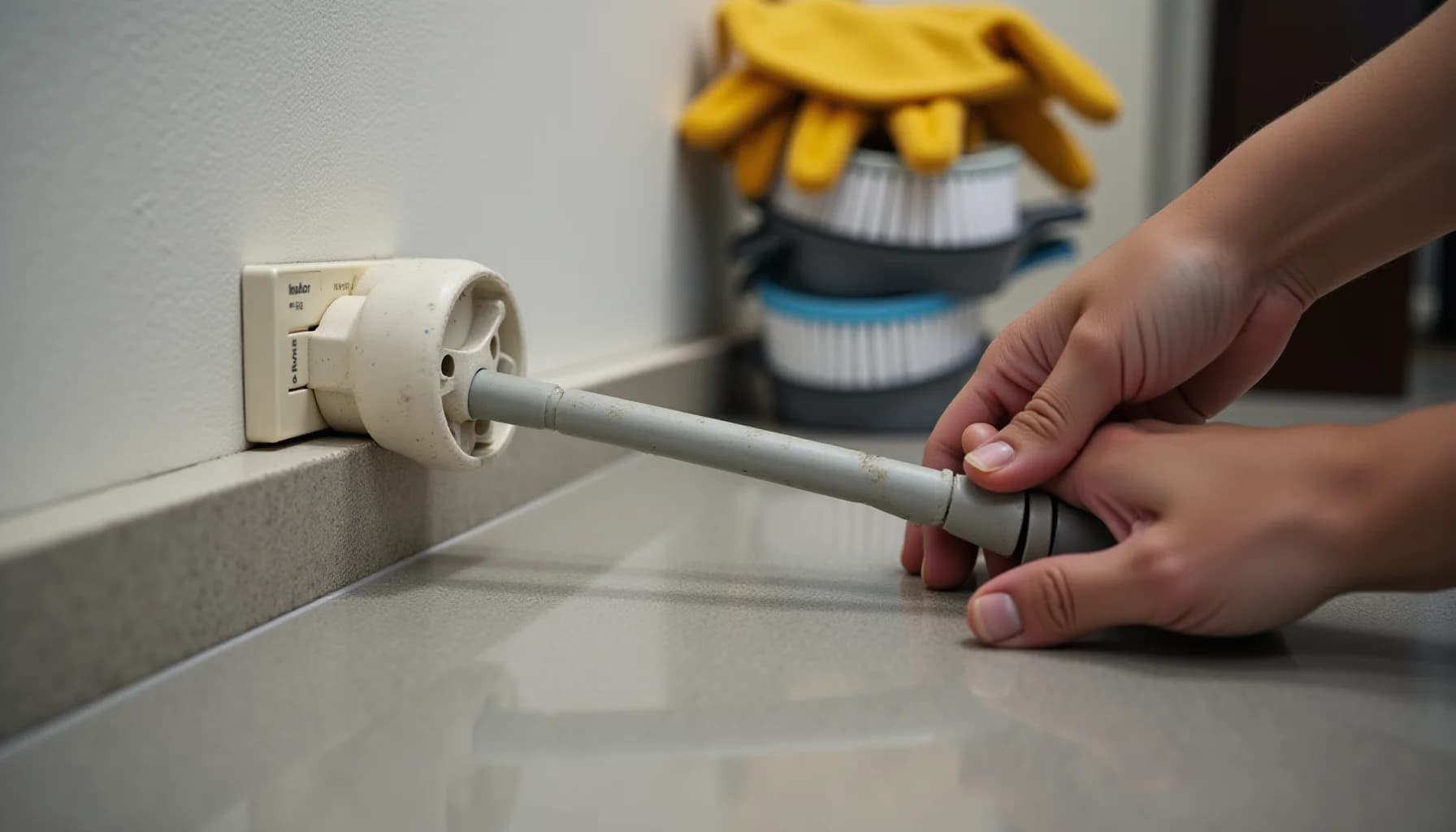 Person's hand holding a gray brush inserted into a white wall-mounted dryer vent, with bananas and cleaning supplies