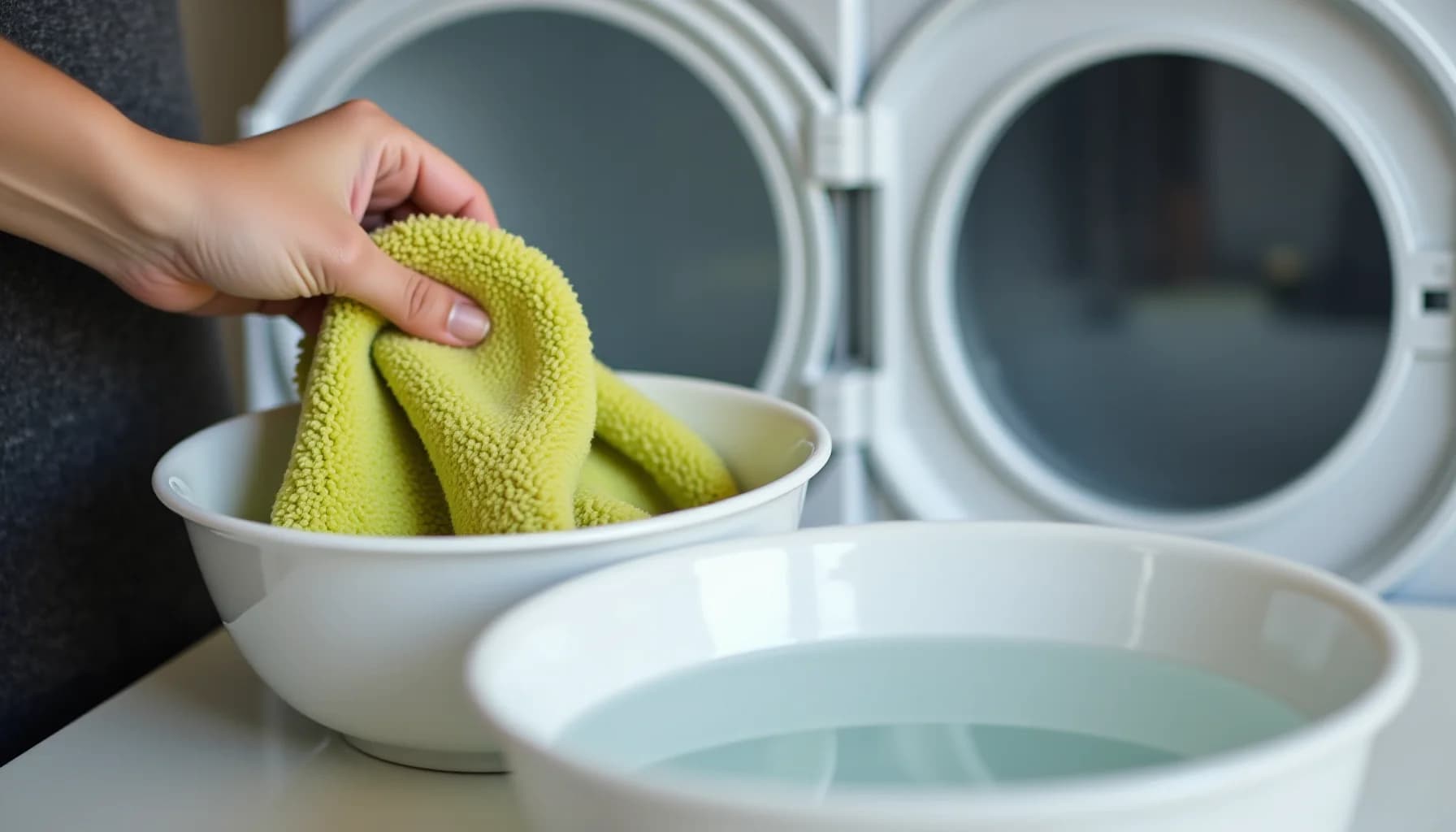 Person's hand holding a lime-green microfiber cloth over a white bowl next to an open dryer drum, with water in a basin
