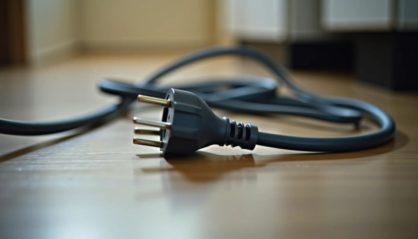 Black electrical power cord with three-prong plug coiled on light wooden floor indoors