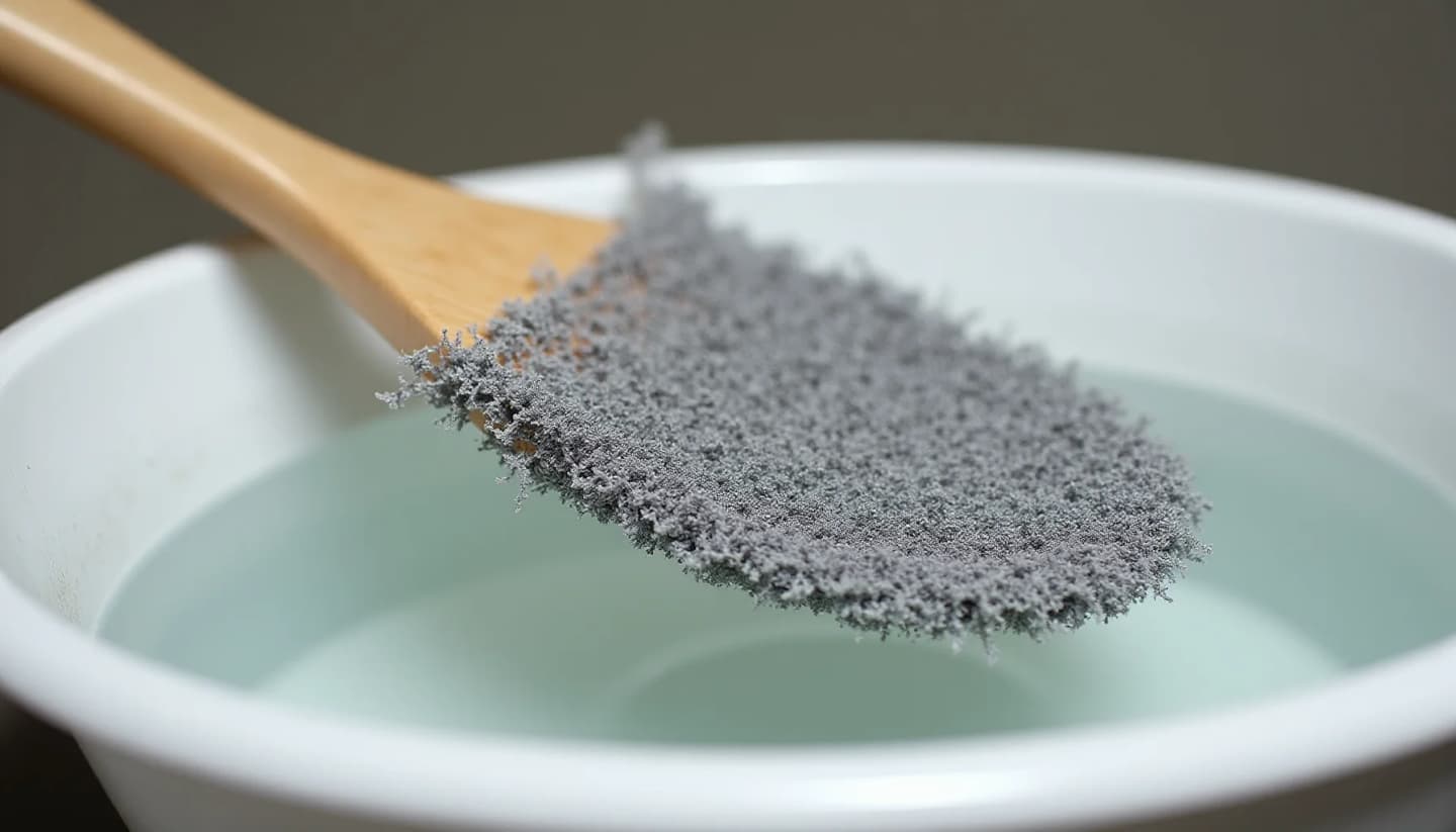 Wooden spoon holding gray powder suspended over a white bowl containing pale blue liquid