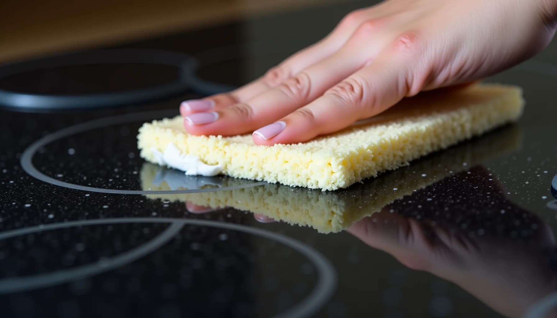 Hand with pink nail polish wiping a black electric stovetop with a yellow cleaning sponge