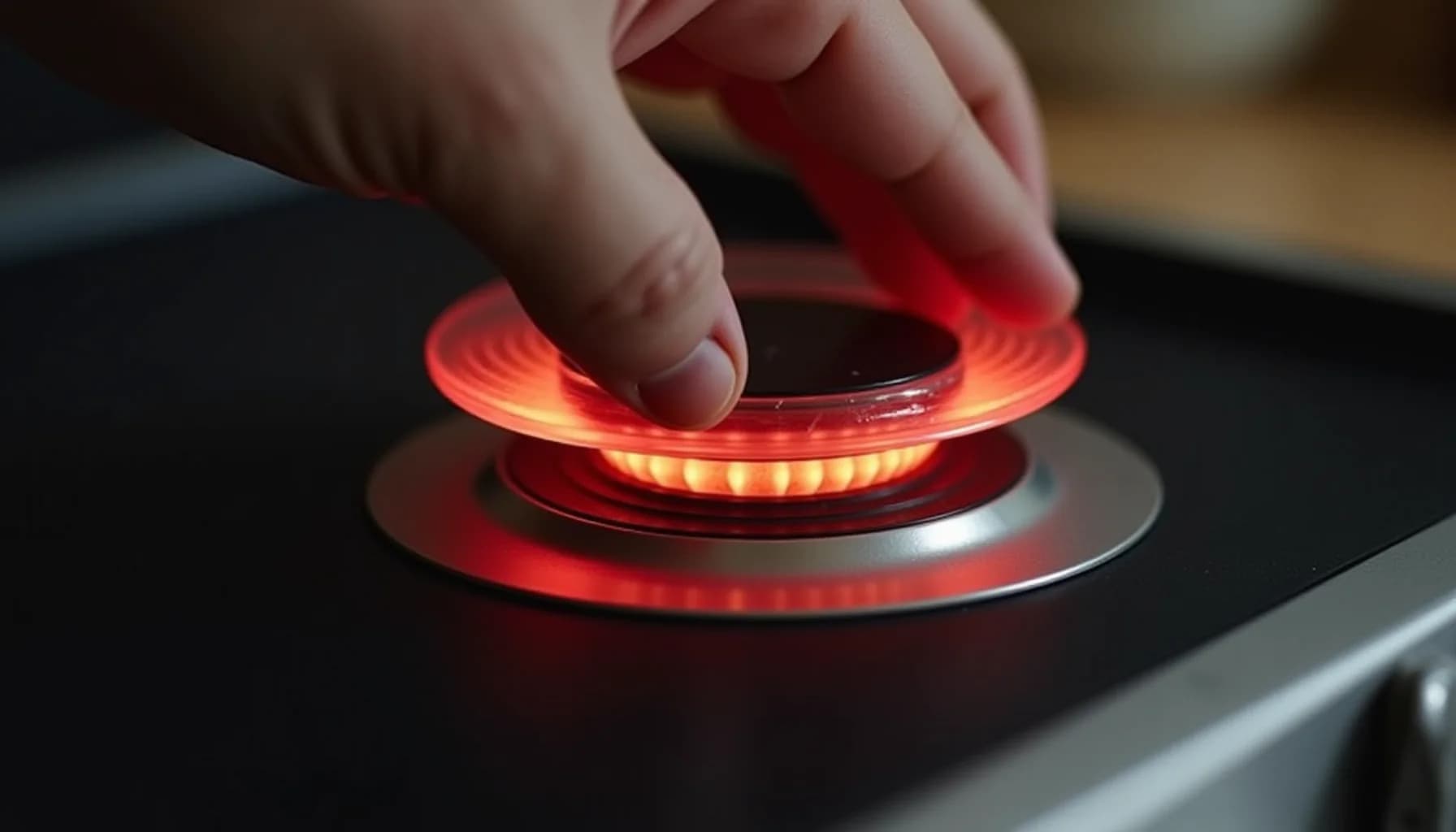 Child's hand touching a red-glowing electric stove burner element on a dark stovetop surface