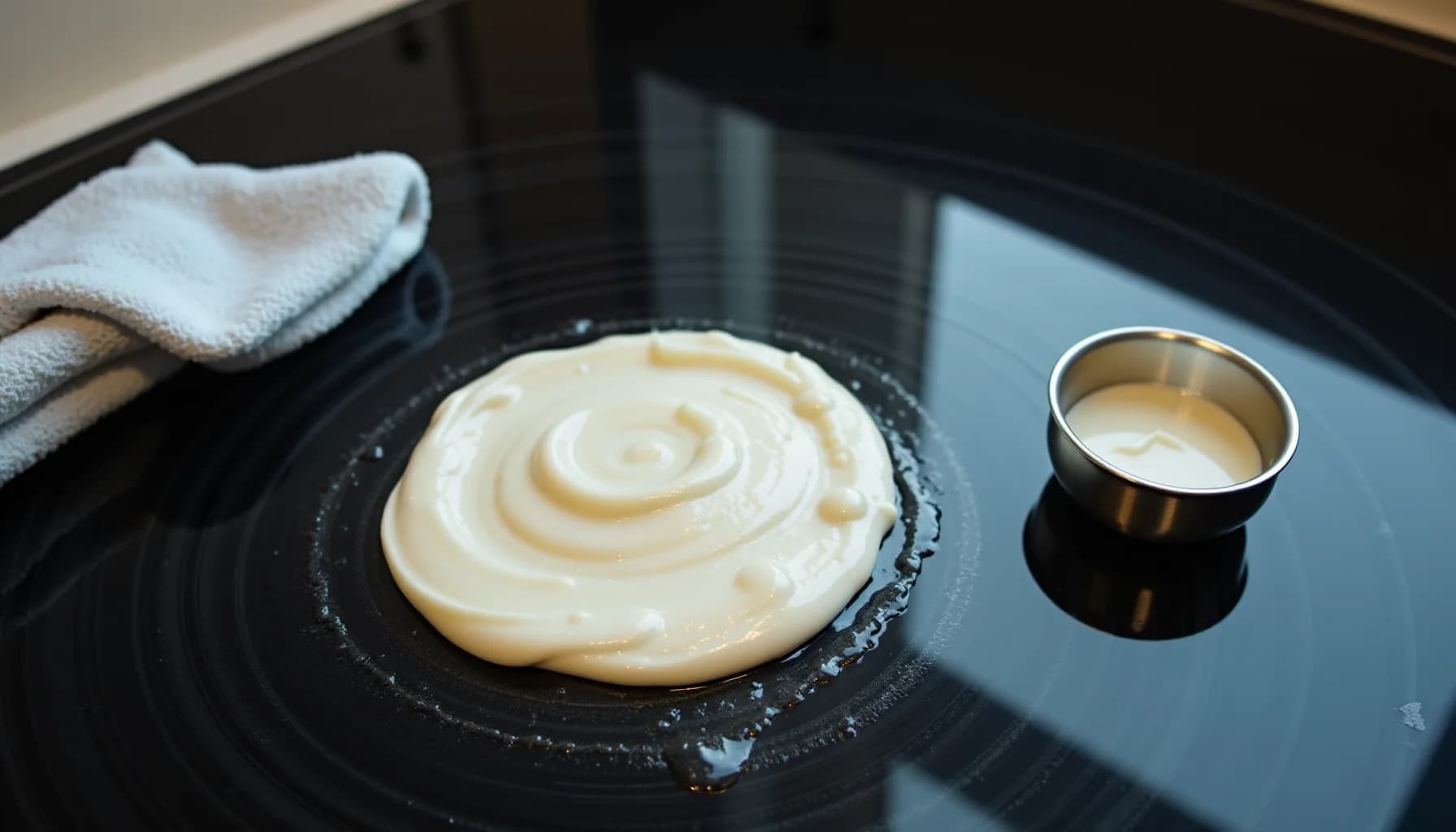 A black electric stovetop surface with a spiral pattern of white cream, a folded white cloth on the left, and a metal