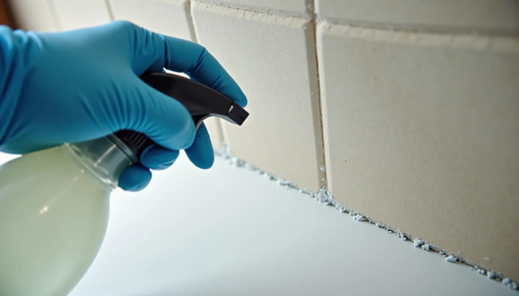 Gloved hand holding a spray bottle and tool, cleaning white grout lines between wall tiles