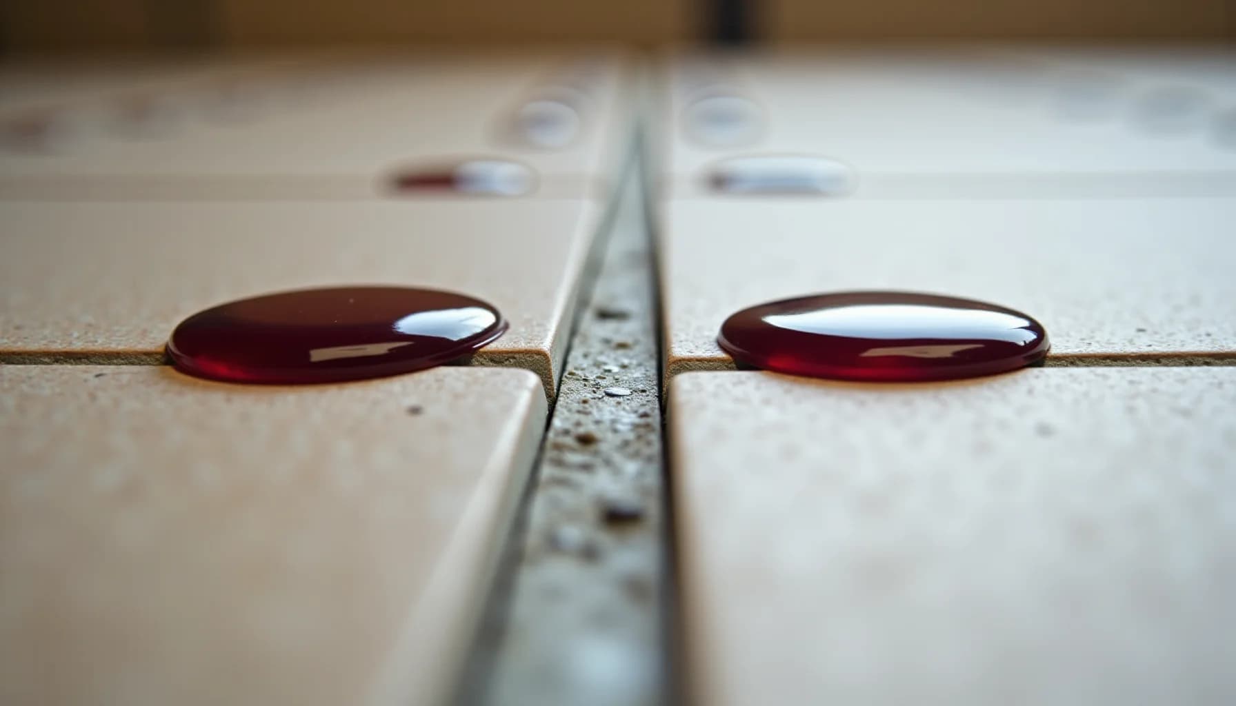 Two crimson liquid droplets on white tile grout separated by a gray grout line, with blurred tiles and test strips in