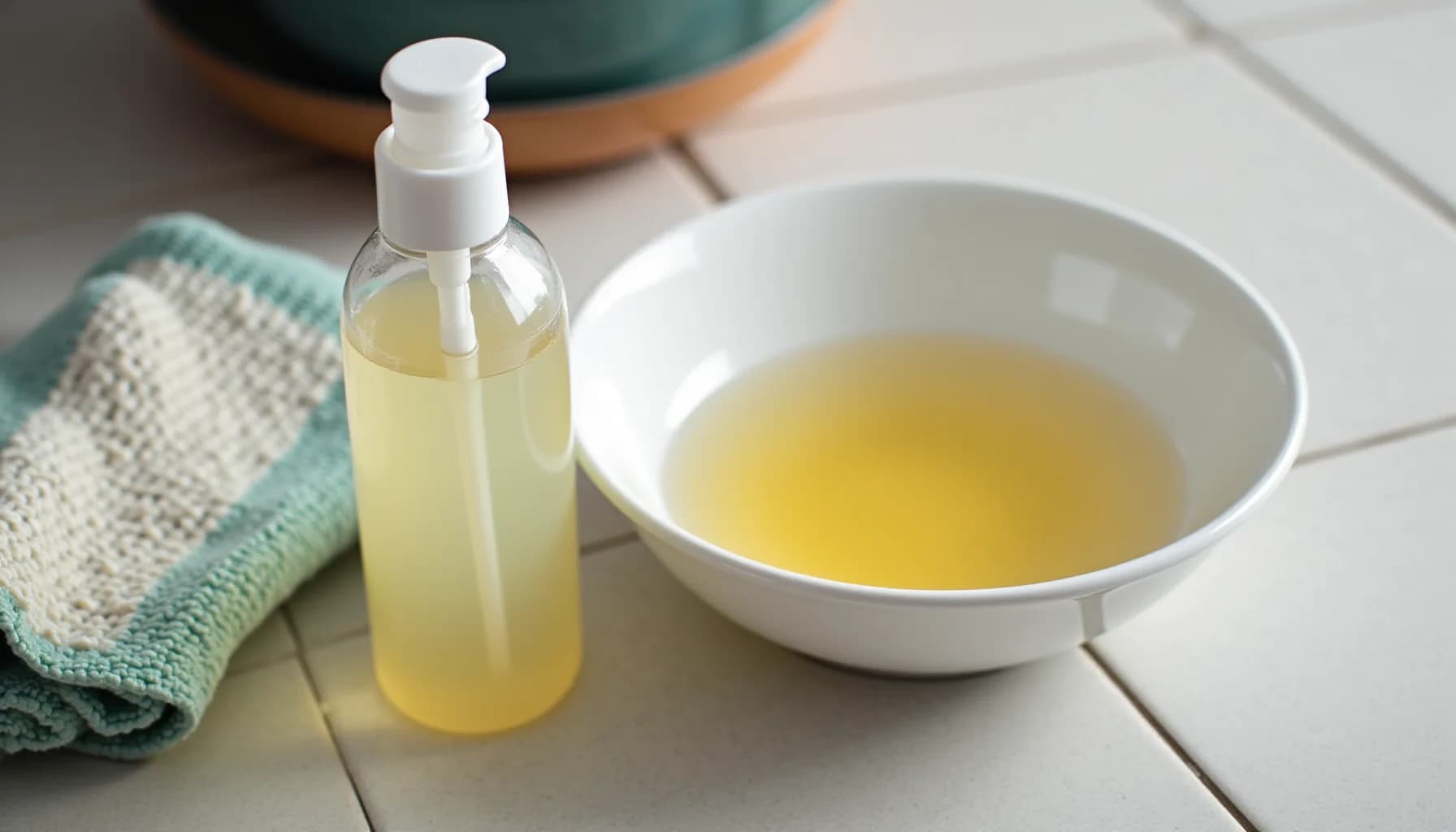Clear bottle with white pump dispenser containing pale yellow liquid, white ceramic bowl with matching liquid, and