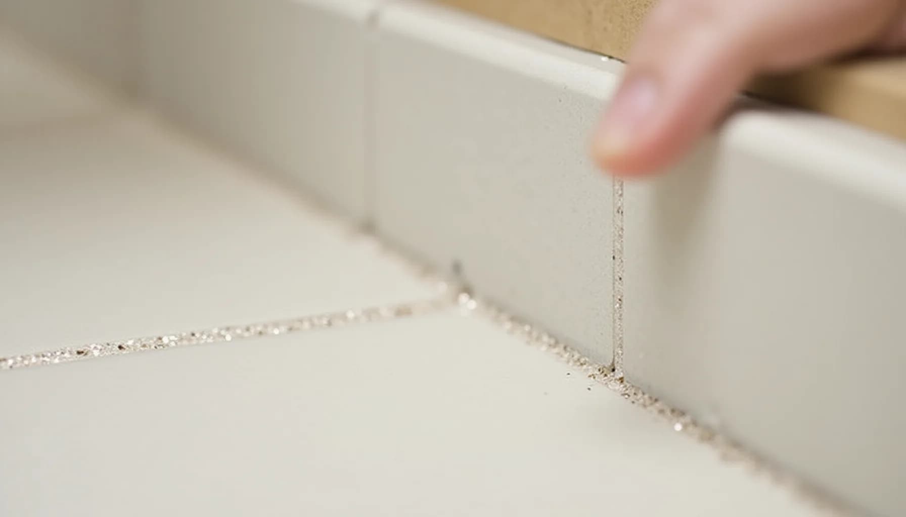 Hand wiping along a grout line between white tiles or concrete surfaces
