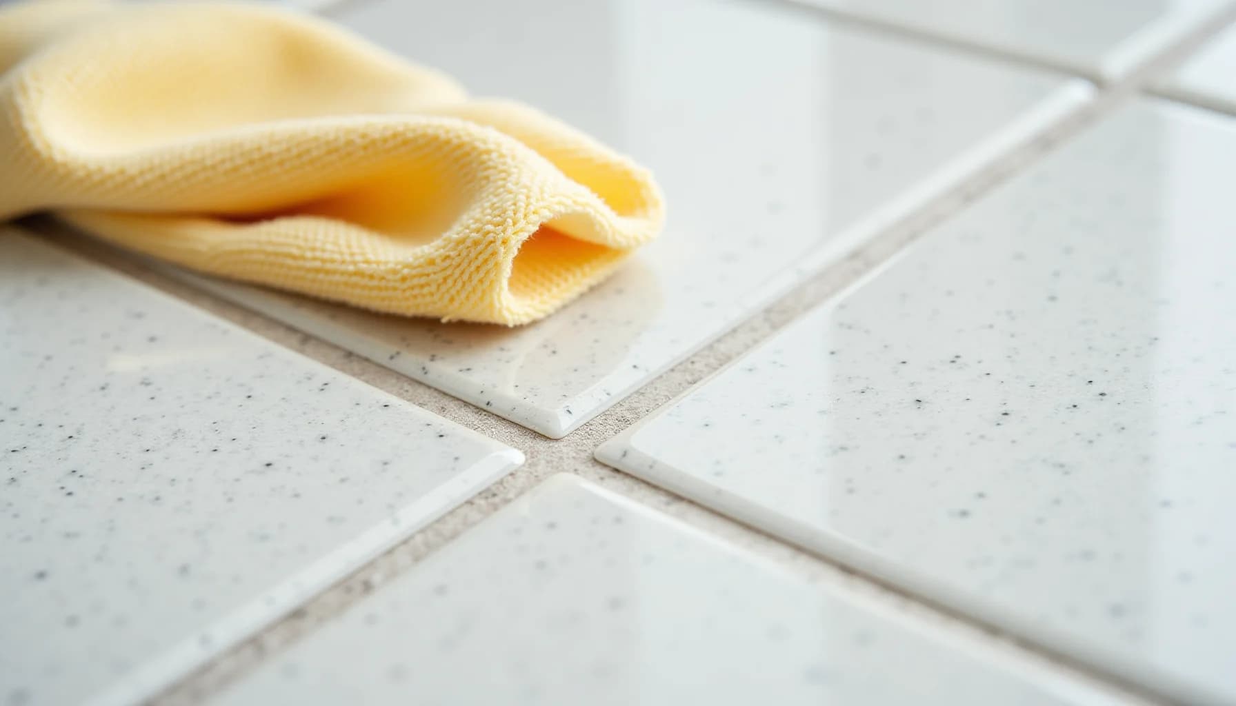 Yellow microfiber cloth folded on white ceramic tiles with gray grout lines