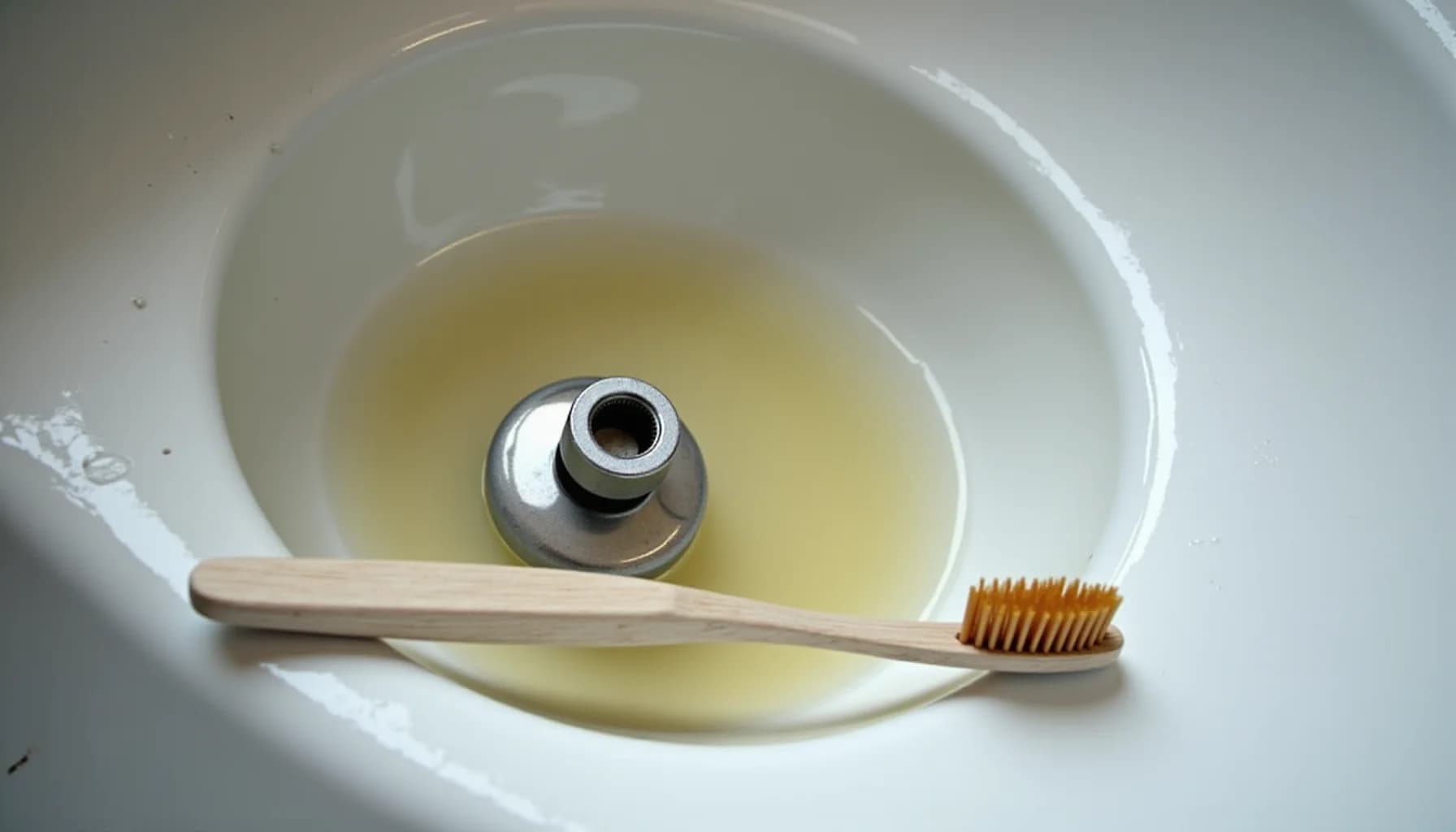 White bowl filled with pale yellow vinegar solution containing a metal faucet aerator, with a wooden toothbrush with