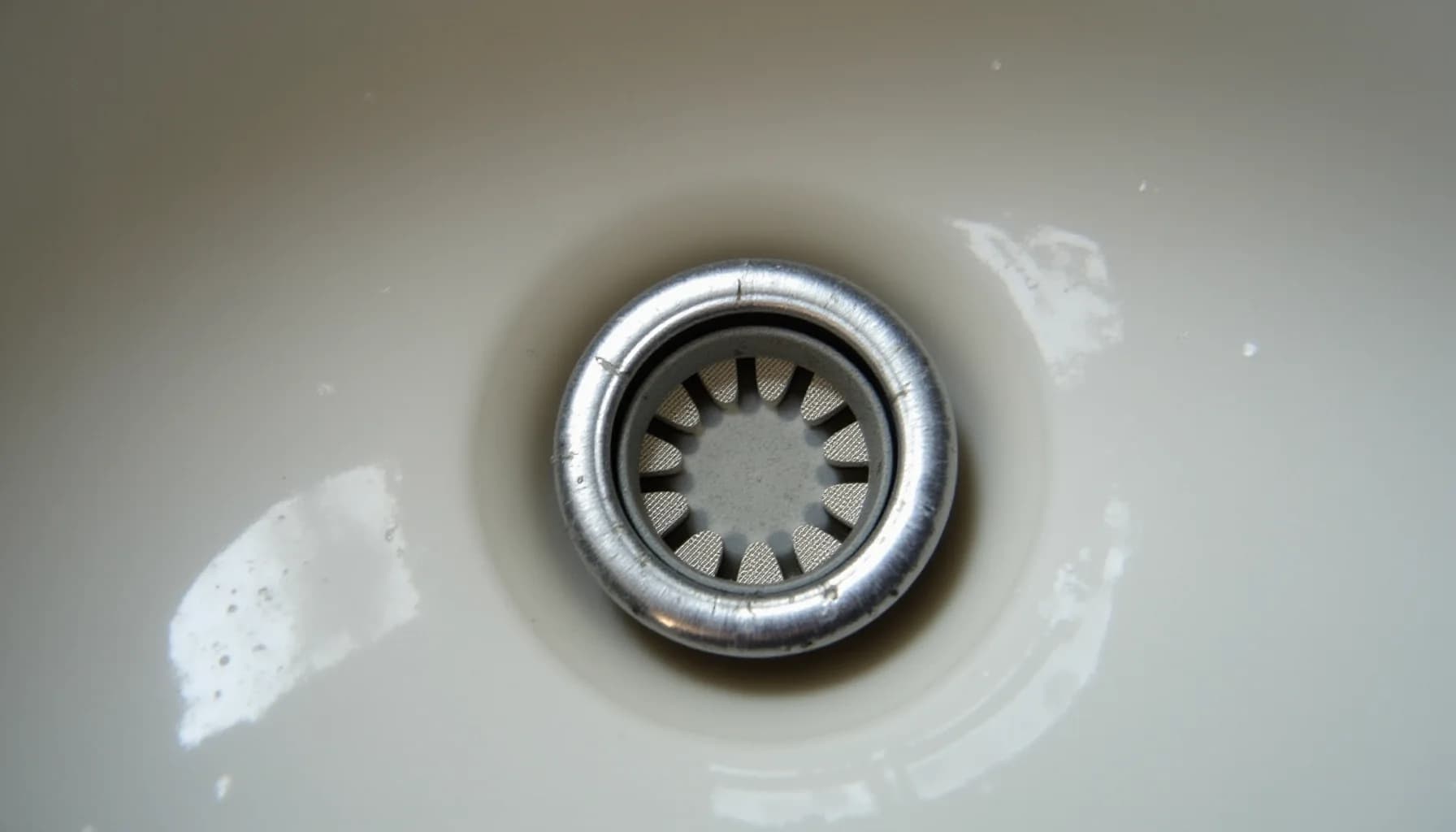 Metal circular vent with radiating slats mounted in white ceiling, surrounded by light staining or moisture marks
