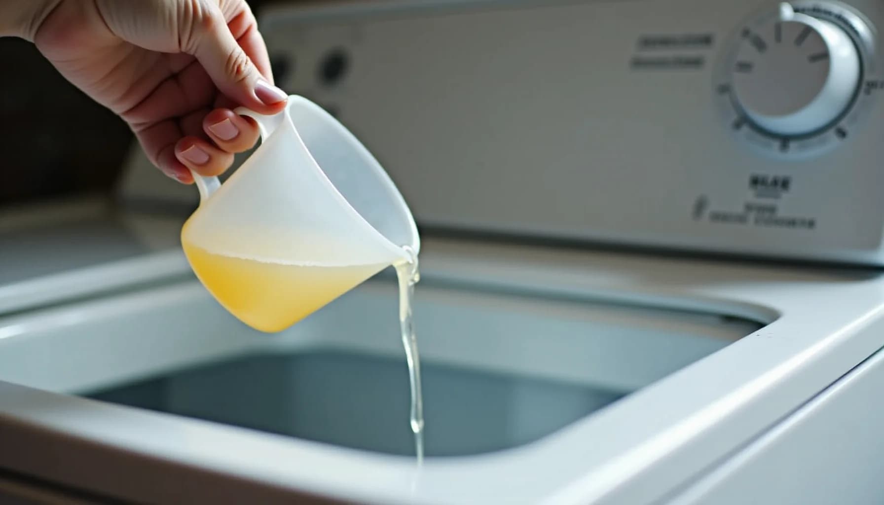 Hand pouring yellow laundry detergent from a white measuring cup into an open front-load washing machine drawer