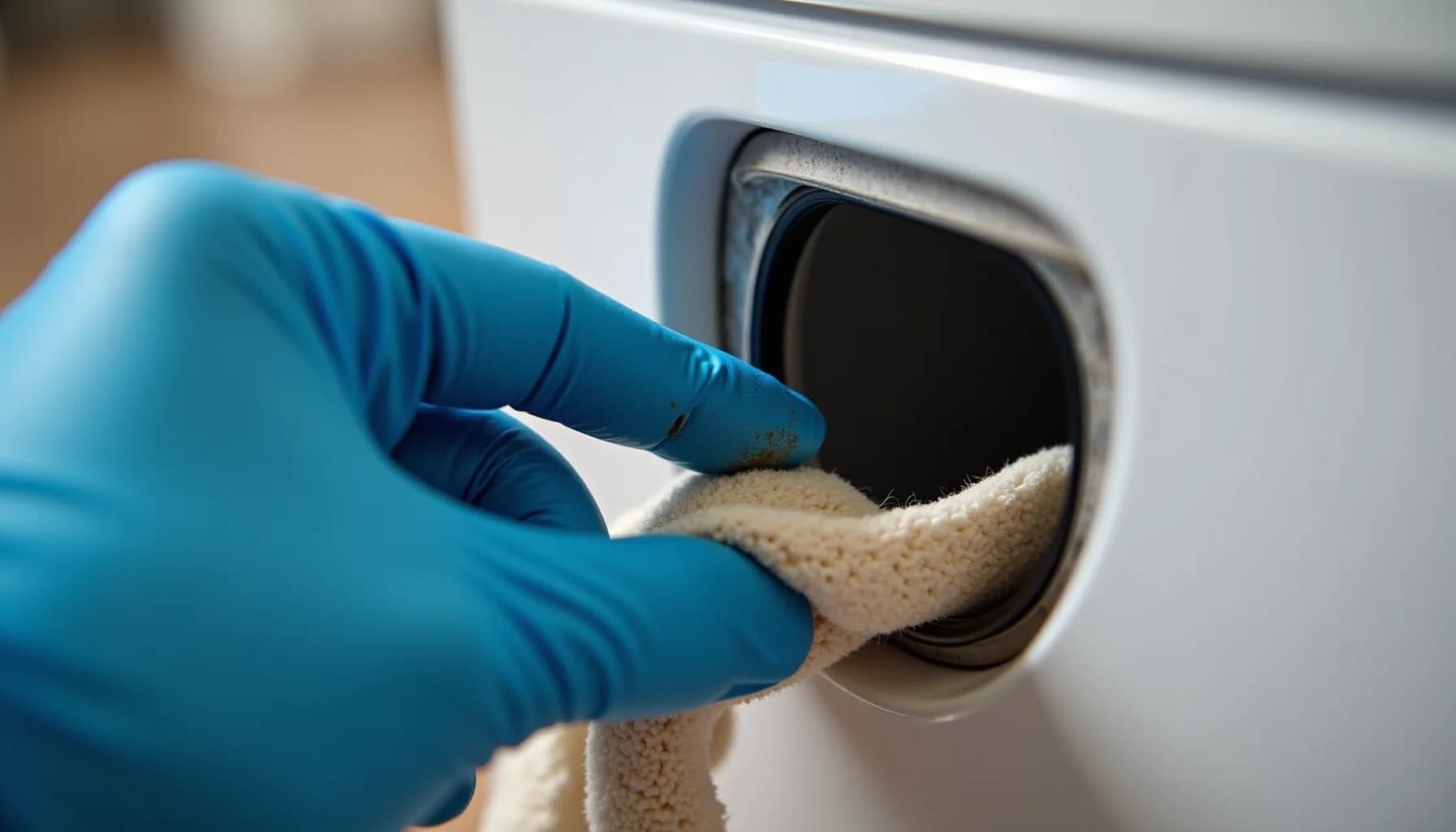 Hand wearing blue latex glove cleaning inside washing machine drum with beige cloth