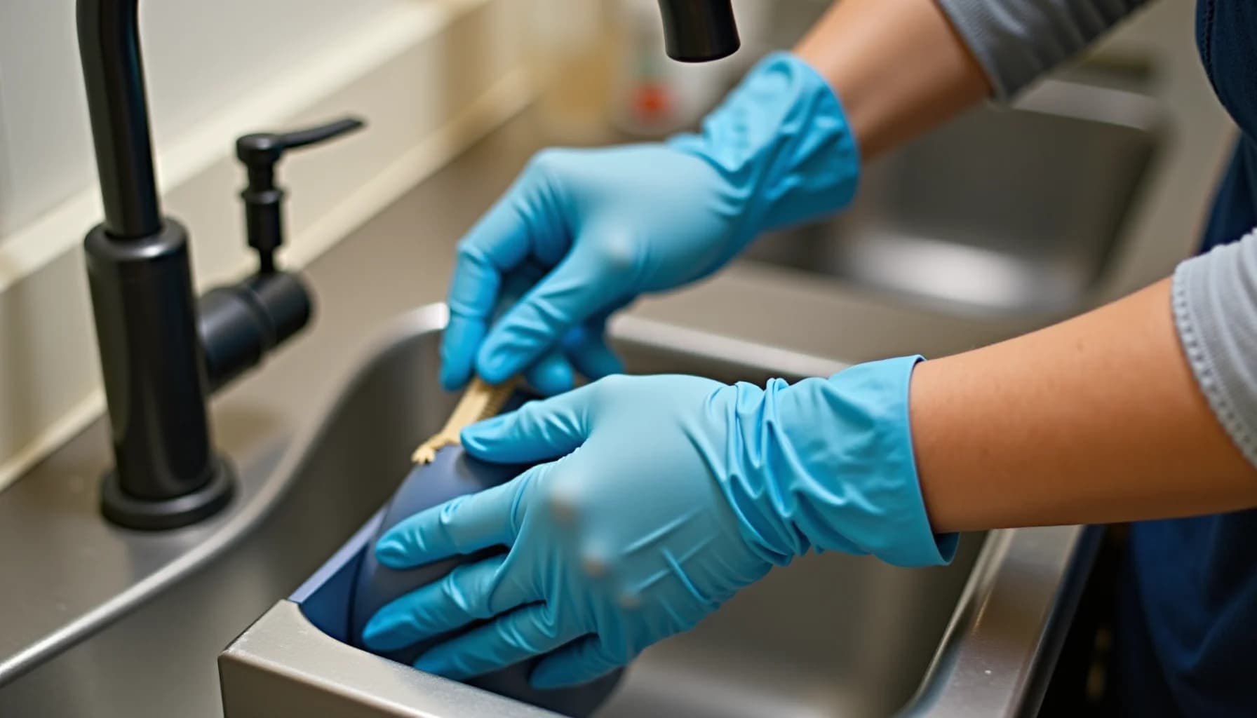 Person wearing blue latex gloves cleaning inside a sink basin with a brush, black faucet visible in background