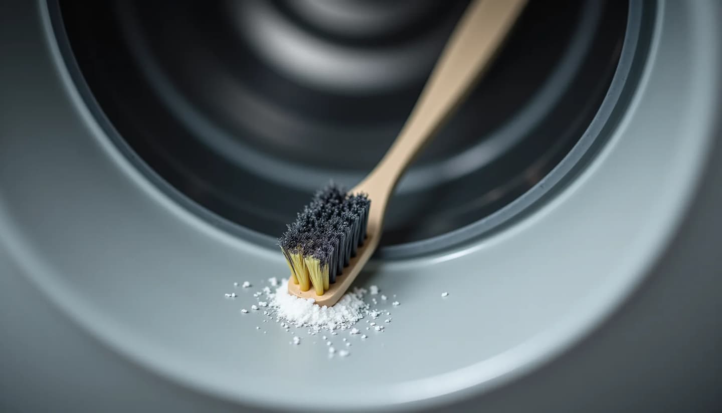 Paintbrush with black bristles and wooden handle dusting white powder onto a light gray surface beside a dark circular