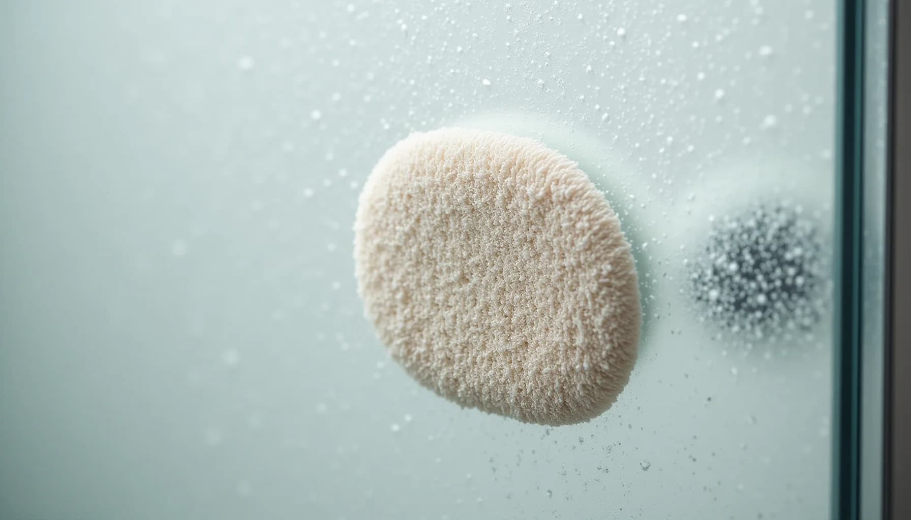 Cream-colored round sponge and water droplets on a wet glass surface against a light blue background