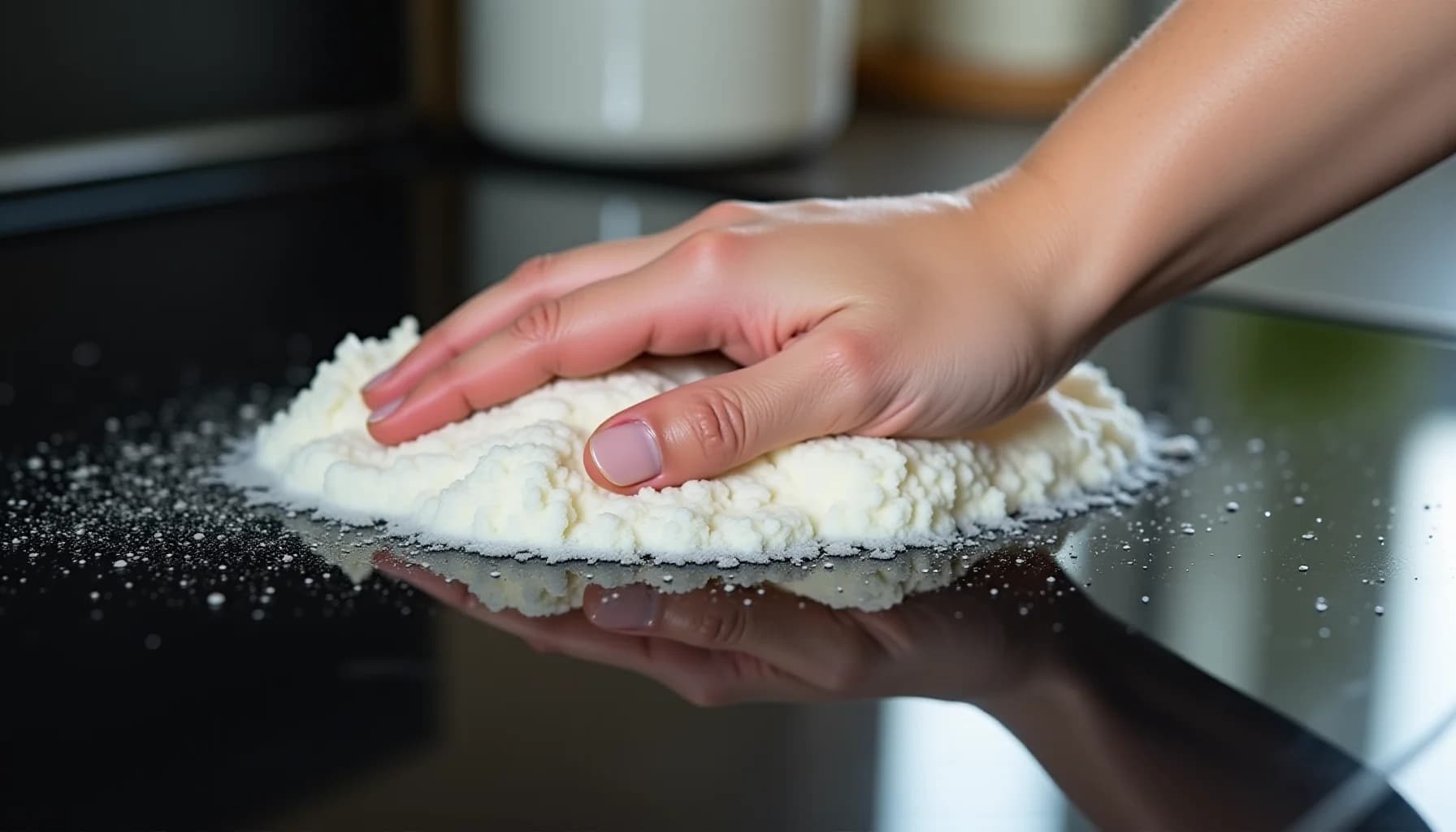 Hand kneading white dough on a dark surface with flour scattered around, kitchen containers visible in background