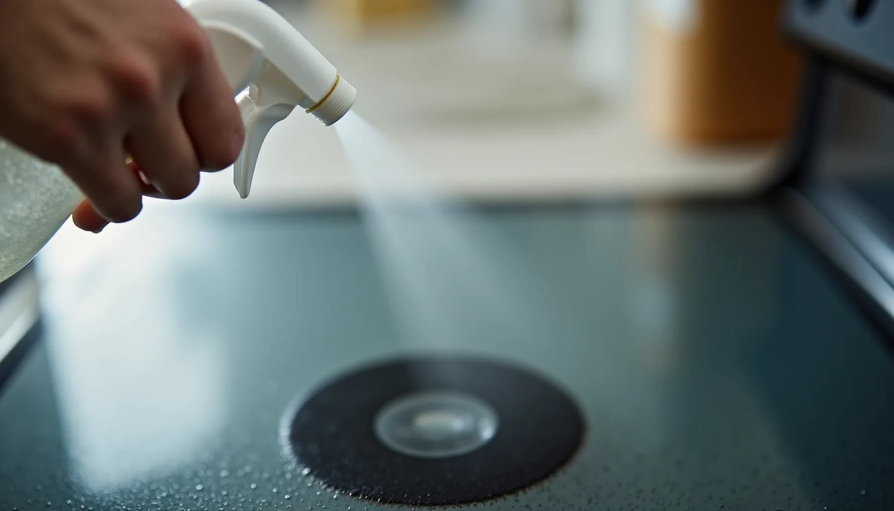 Hand holding white spray bottle dispensing liquid onto a glass stovetop surface with a black burner ring visible