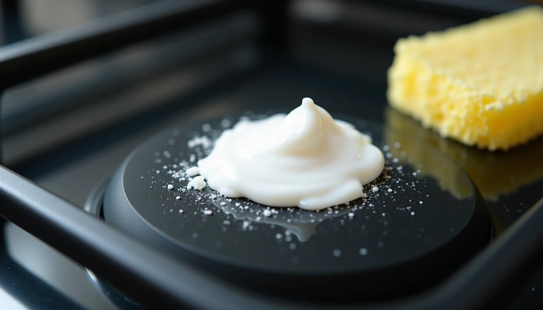 Whipped cream dollop with powdered sugar on a dark glass stovetop, yellow baked good visible at right