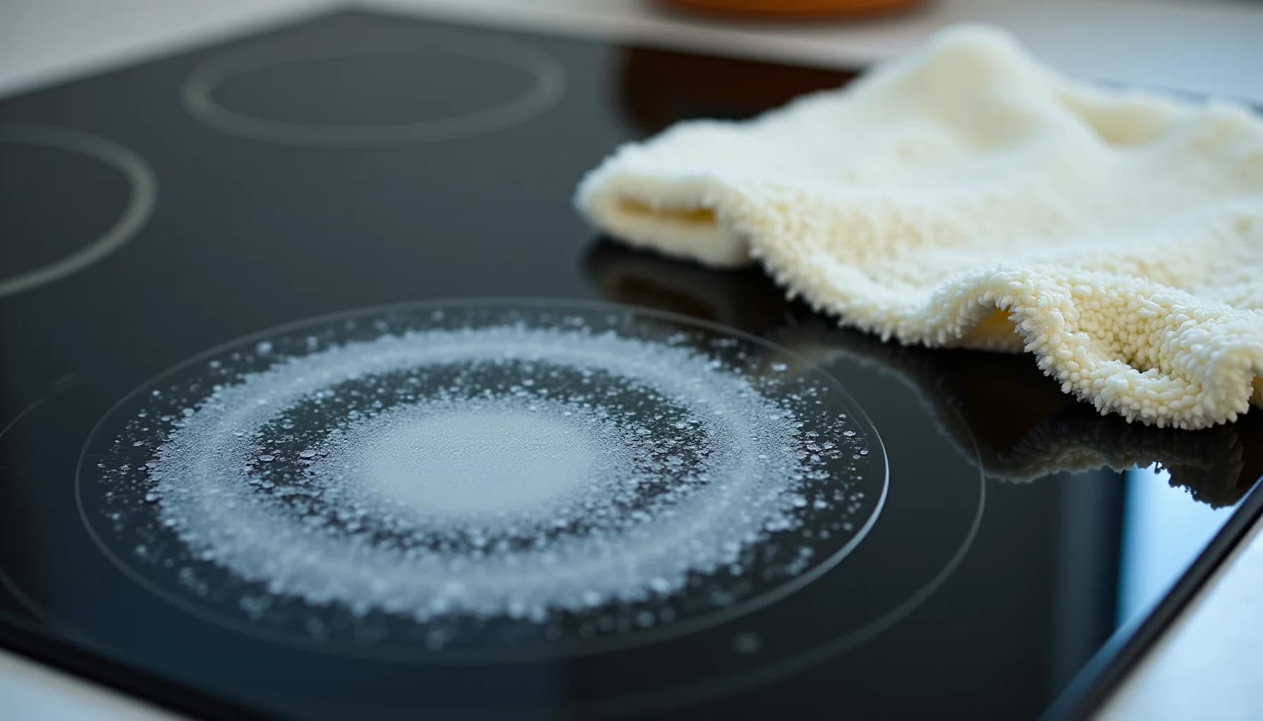 A black glass stovetop surface with water droplets and cleaning solution, alongside a cream-colored textured cleaning