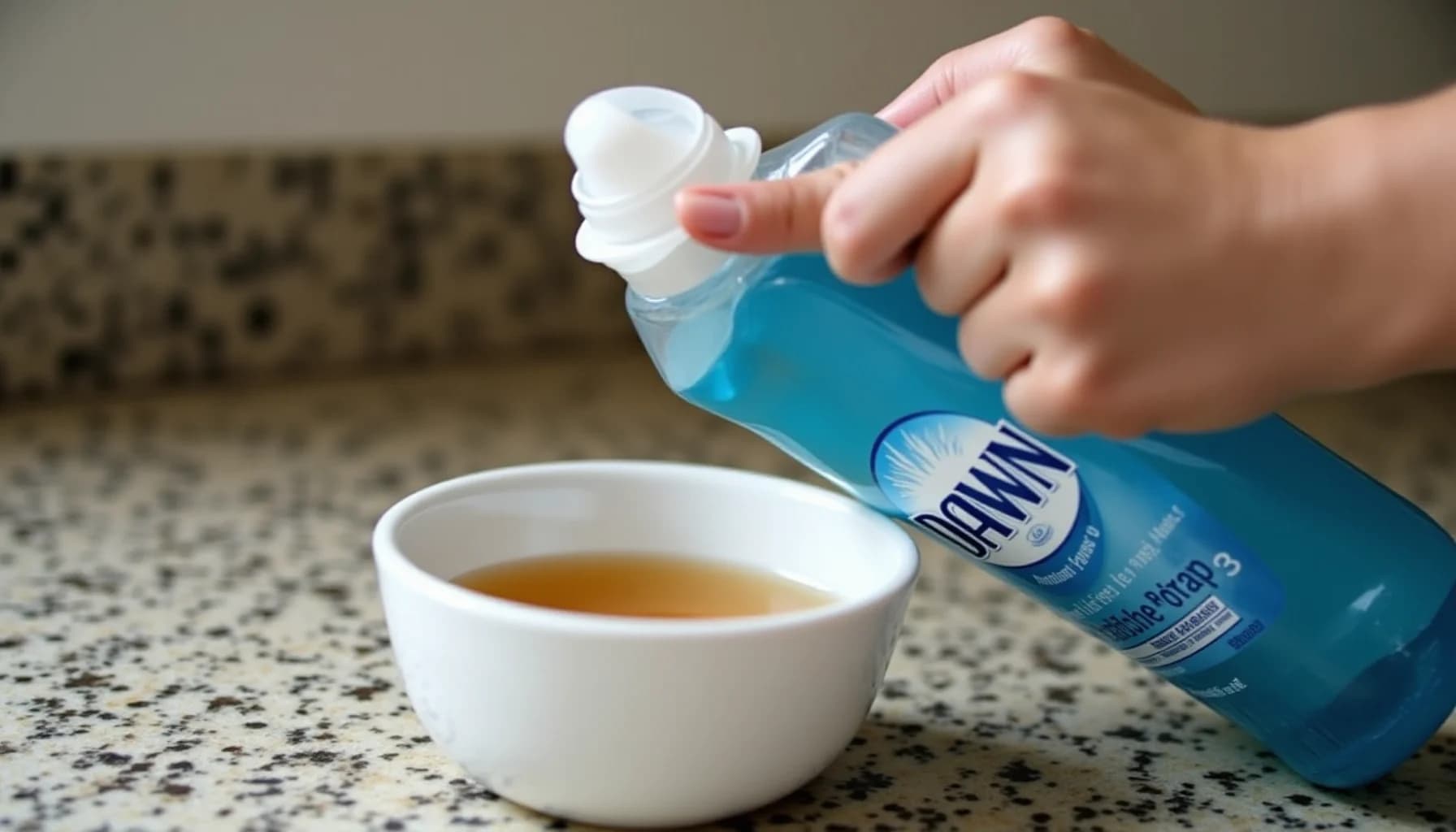 Child's hand pouring blue cleaning liquid from a bottle into a white bowl on a speckled granite countertop
