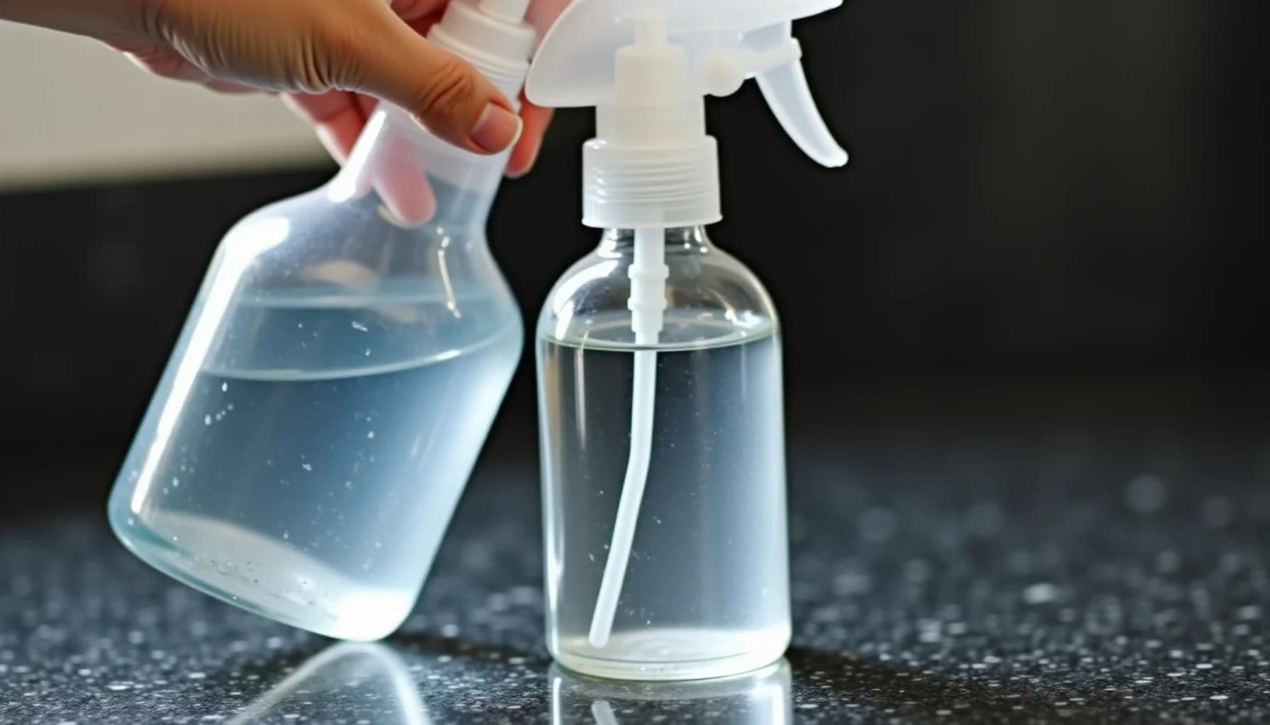 Hand holding spray bottle next to another spray bottle containing clear liquid on a dark granite surface