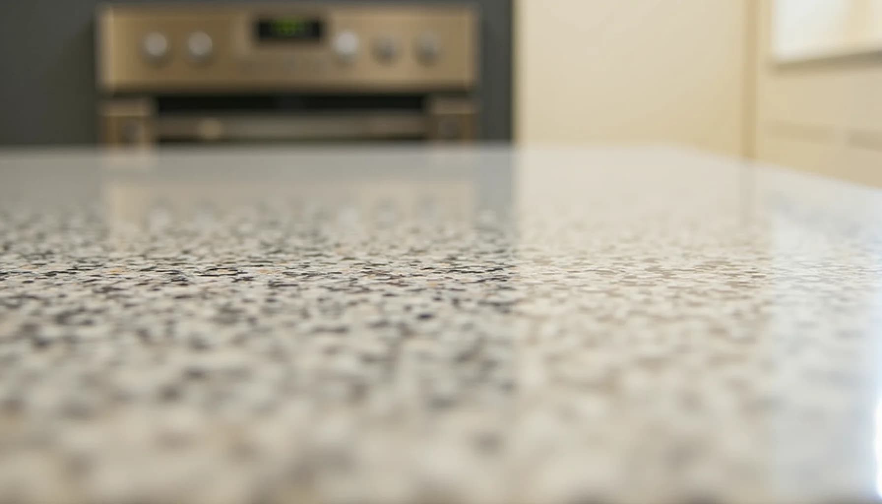 Low-angle view of a speckled granite countertop with a stainless steel oven and beige cabinetry in soft focus behind