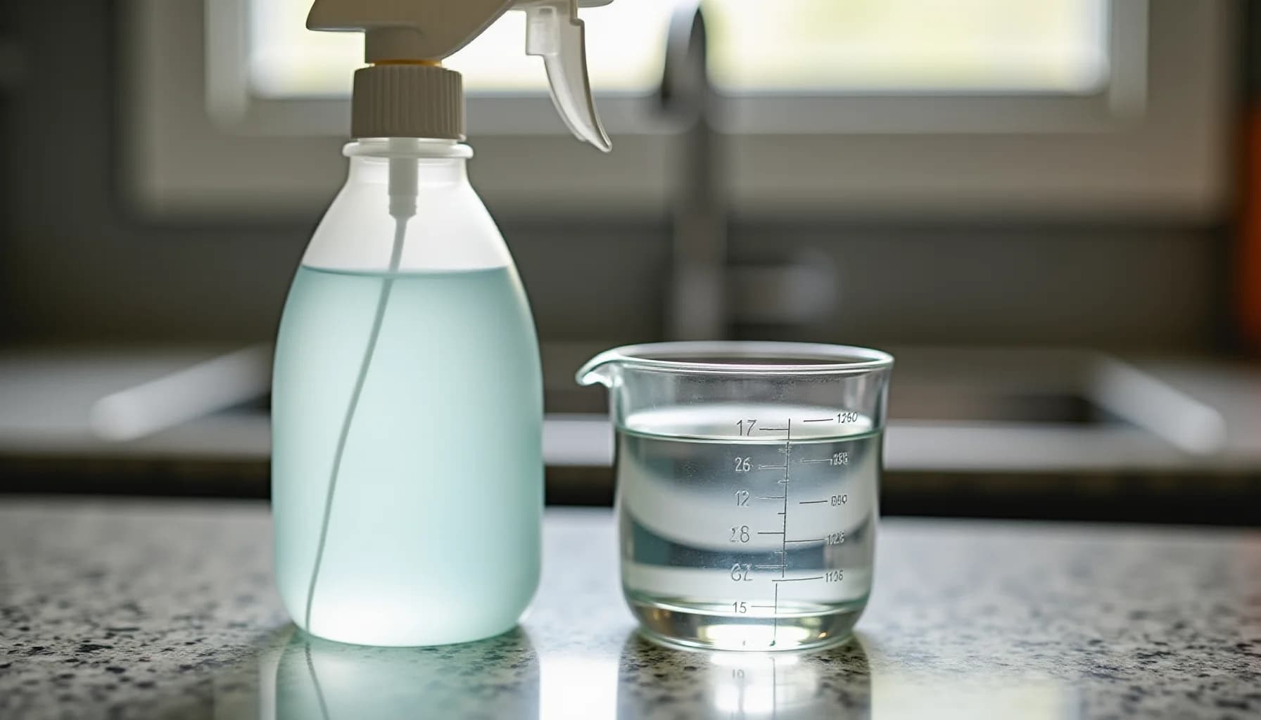 Spray bottle with turquoise liquid and measuring cup with clear liquid on a speckled granite countertop in a kitchen
