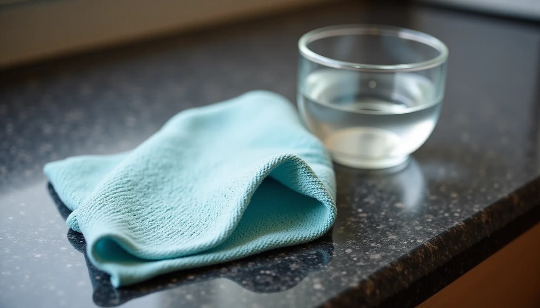 Light blue microfiber cloth folded on dark granite countertop next to a glass of clear water