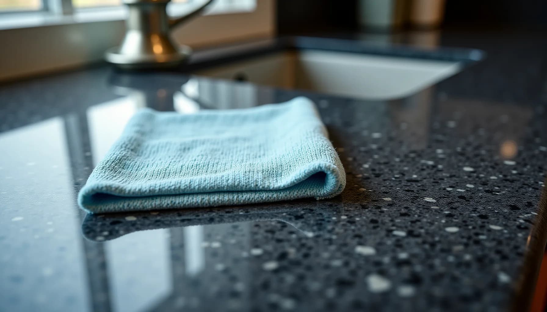 Light blue folded cloth on a dark speckled granite countertop with a sink and faucet blurred in the background