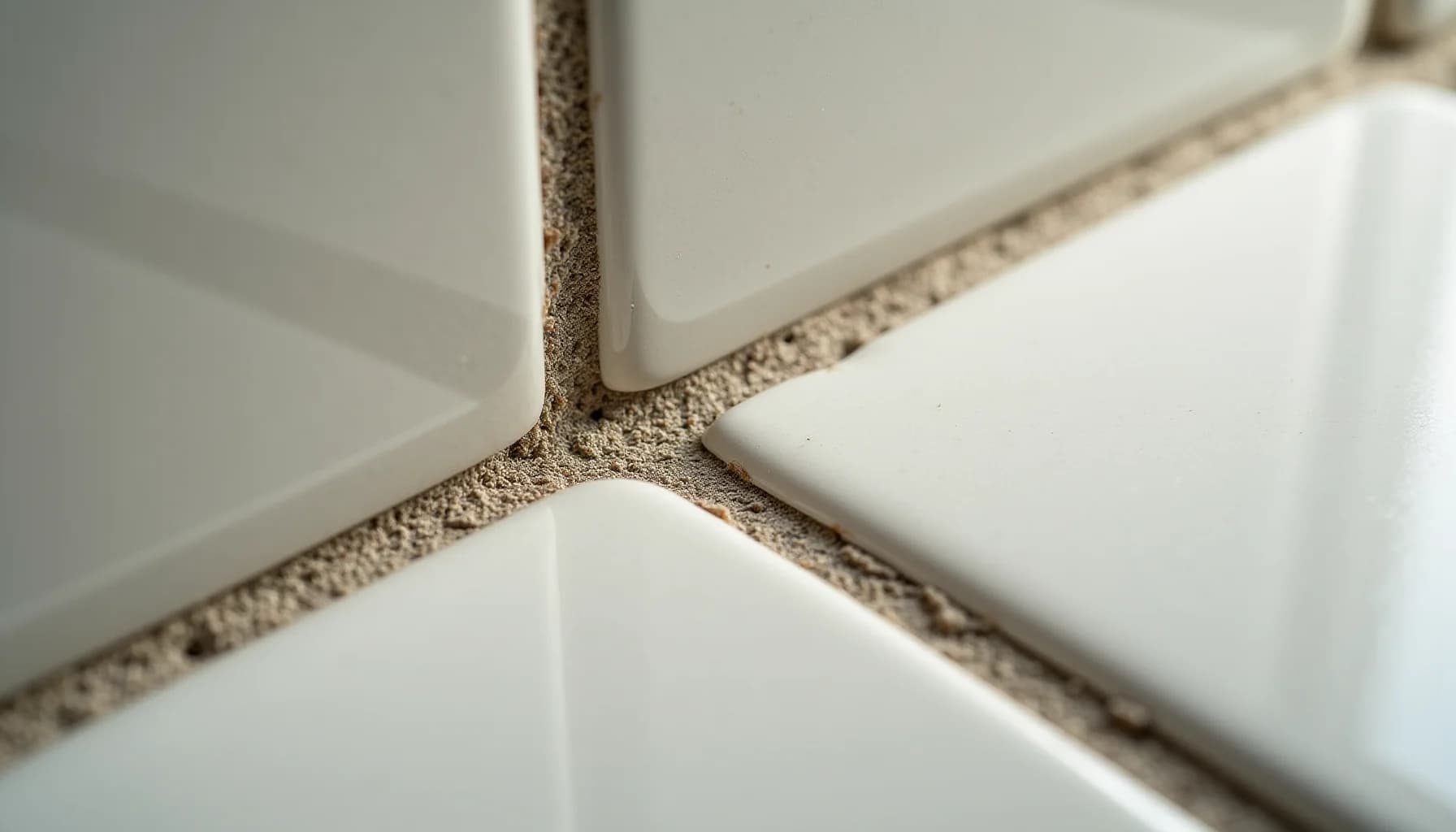 white ceramic tiles with gray grout lines between them, showing texture and detail of the grout joints